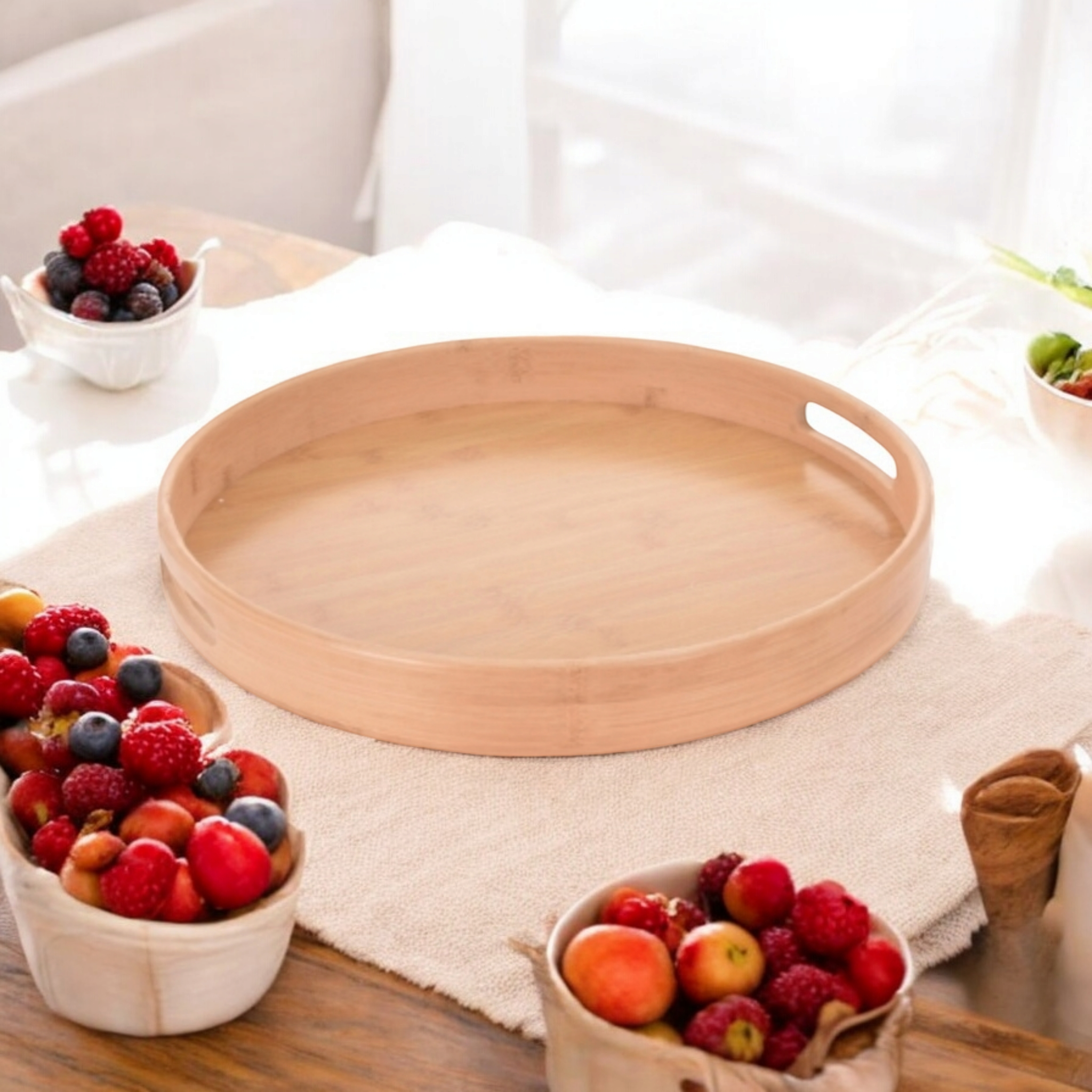 EH Bamboo Serving Tray Round with Grip Handle 40x5cm 21071