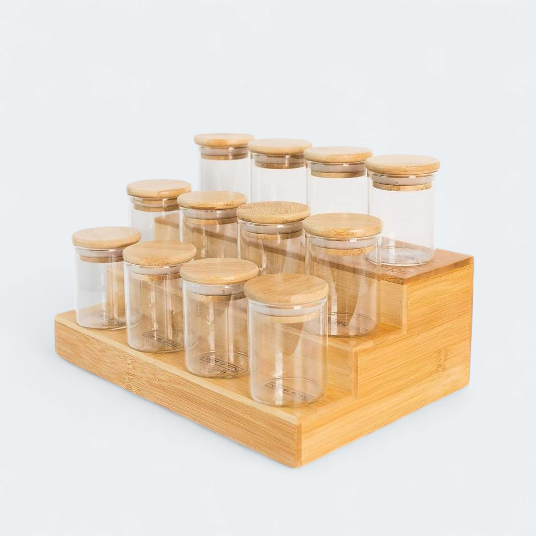 Aqua Spice Jar 200ml with Bamboo Lid 12-Bottle with Stand 27301