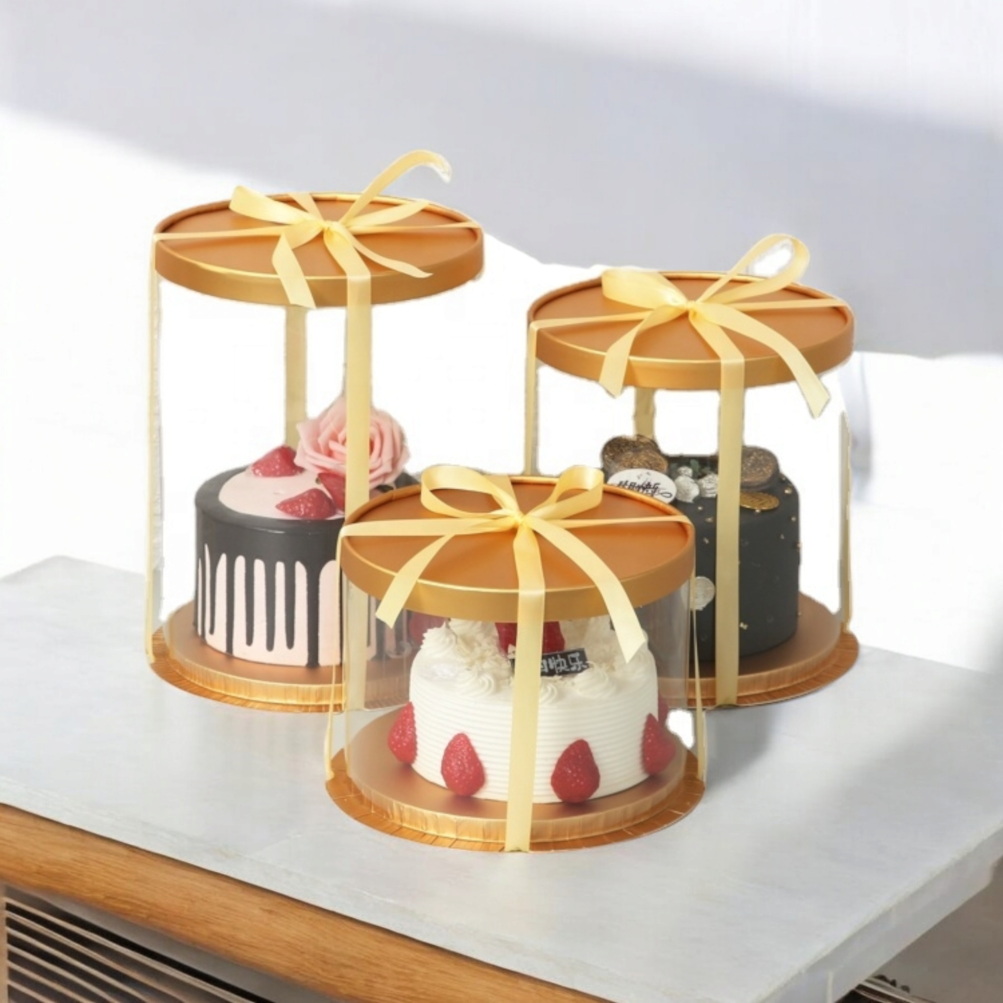 Gift Cake Box Round Small 26x18cm Clear See Through with Gold Base & Lid