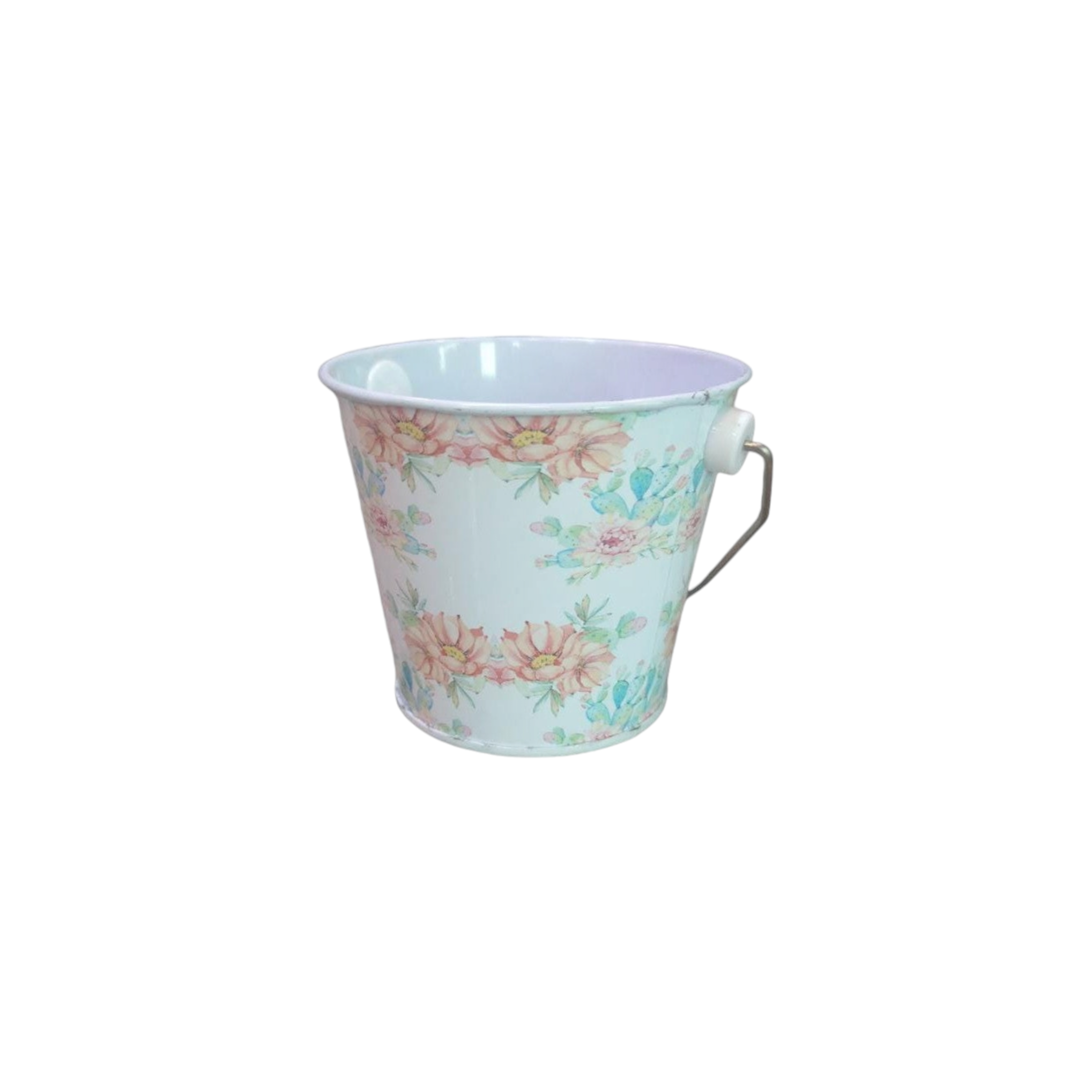 Mini Iron Bucket 8x7cm with White Flower Print & Handle