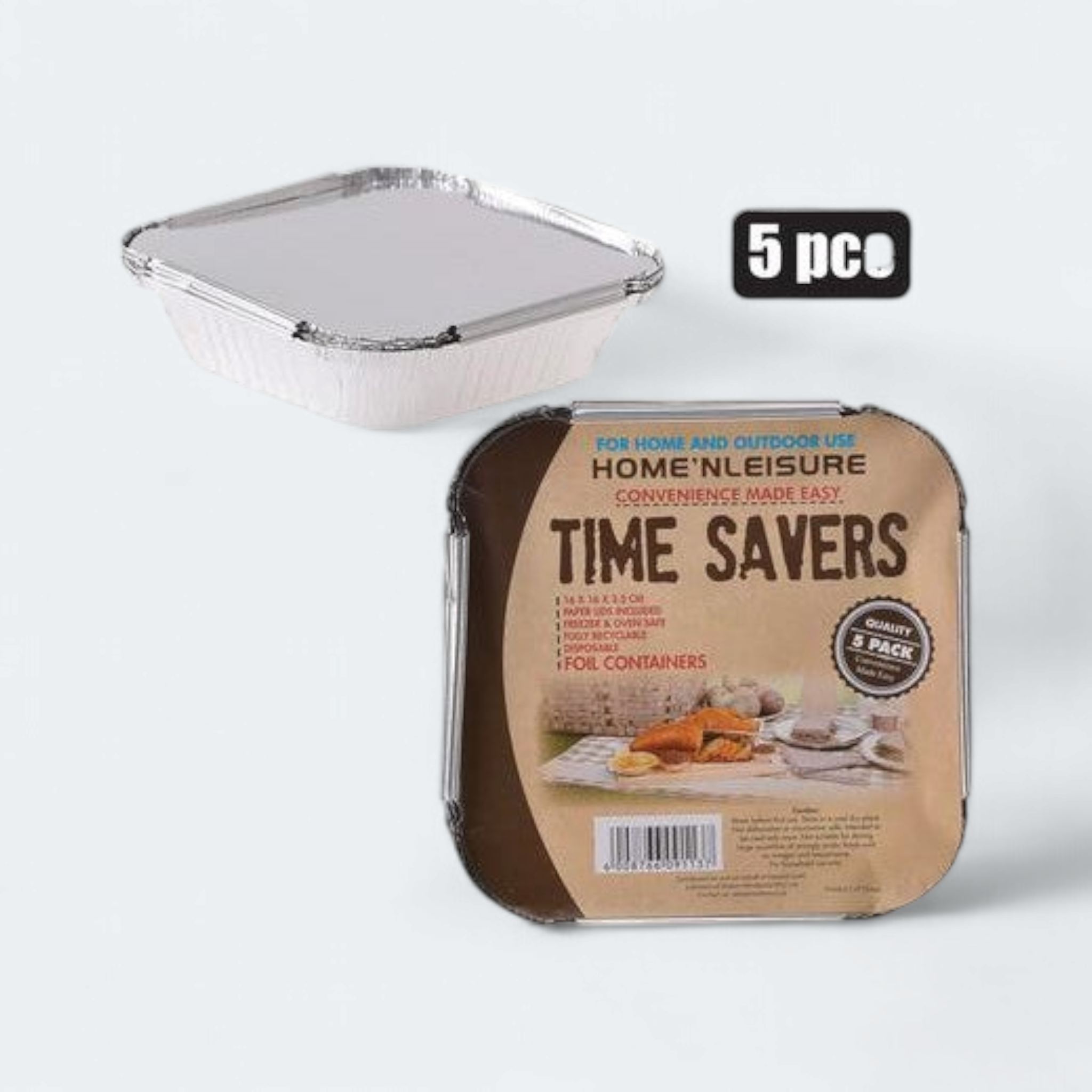 Time Savers Aluminium Foil Takeaway Container 14.5x14.5x3cm with Poly PVC Lid Card Lid 5pack