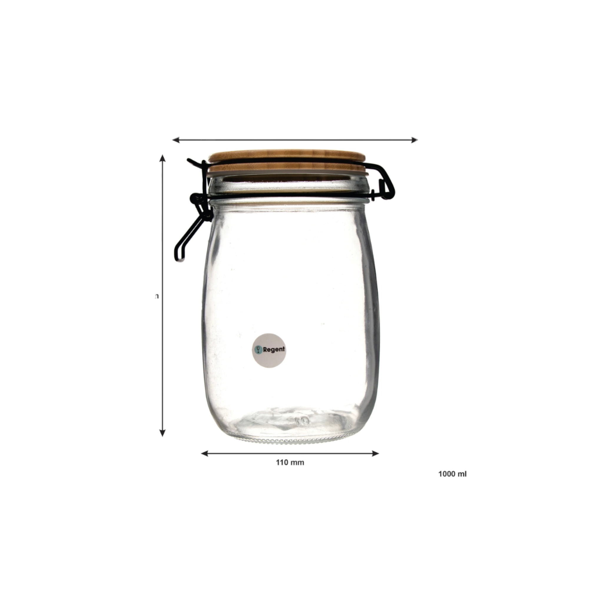 Regent hermetic Glass Canister with bamboo Lid and Black Clip 1L