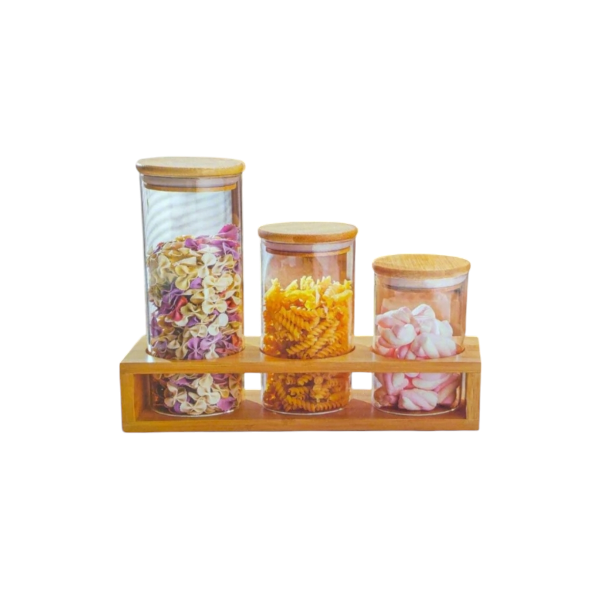 Glass Canister 3pc Set with Bamboo Lid & Wooden Stand