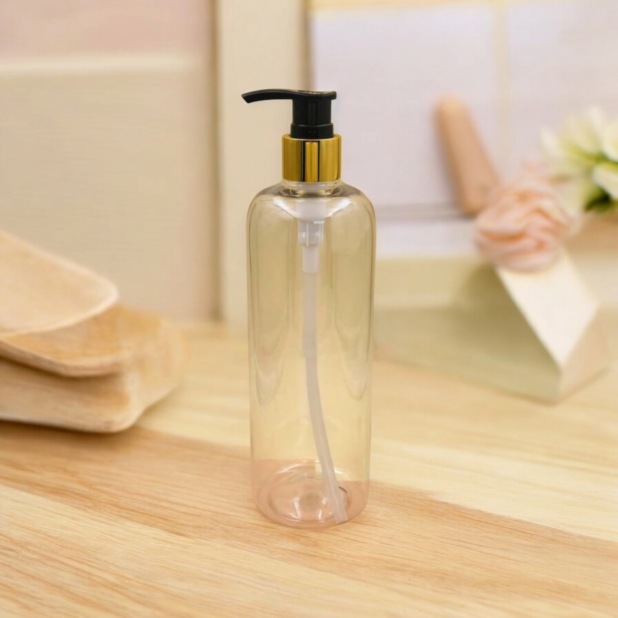 PET Plastic Cosmetic Lotion Pump Bottle 500ml Gold Collar