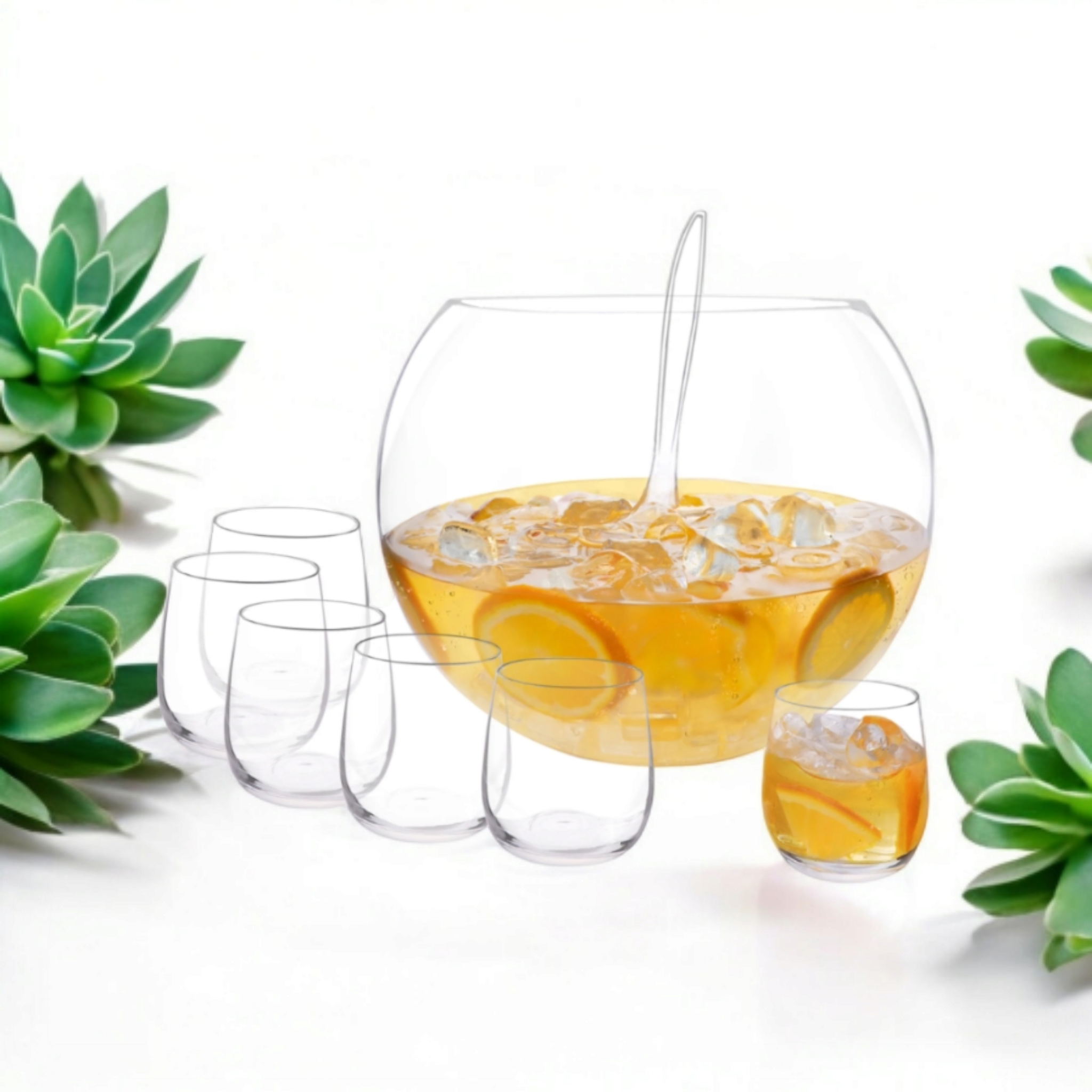 Consol Genoa Glass Punch Bowl 11L & Glass Tumbler 340ml with Ladle 8pc Set