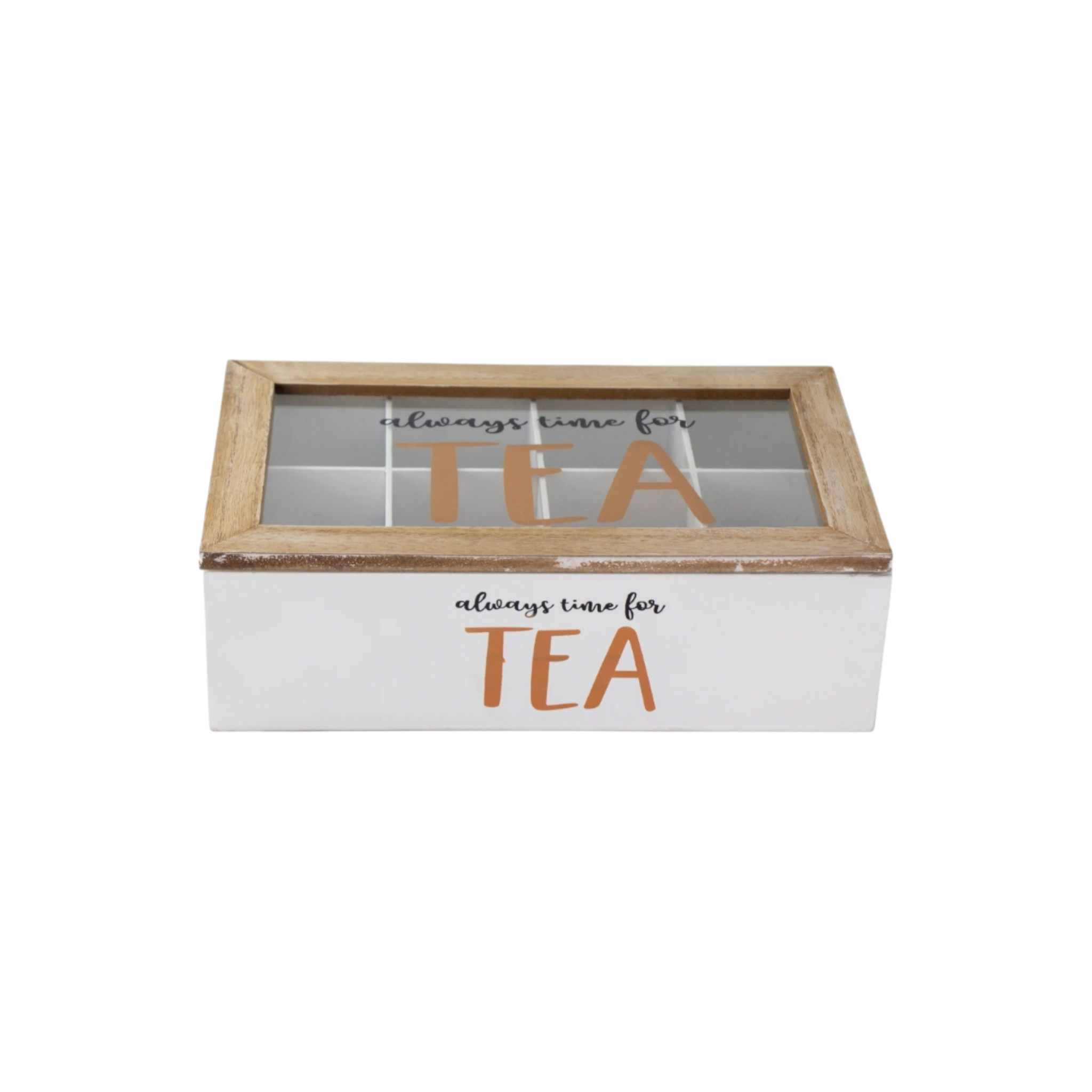 Regent Kitchen Tea Box with 8-Partitions Wood & Glass with Clear Top Window