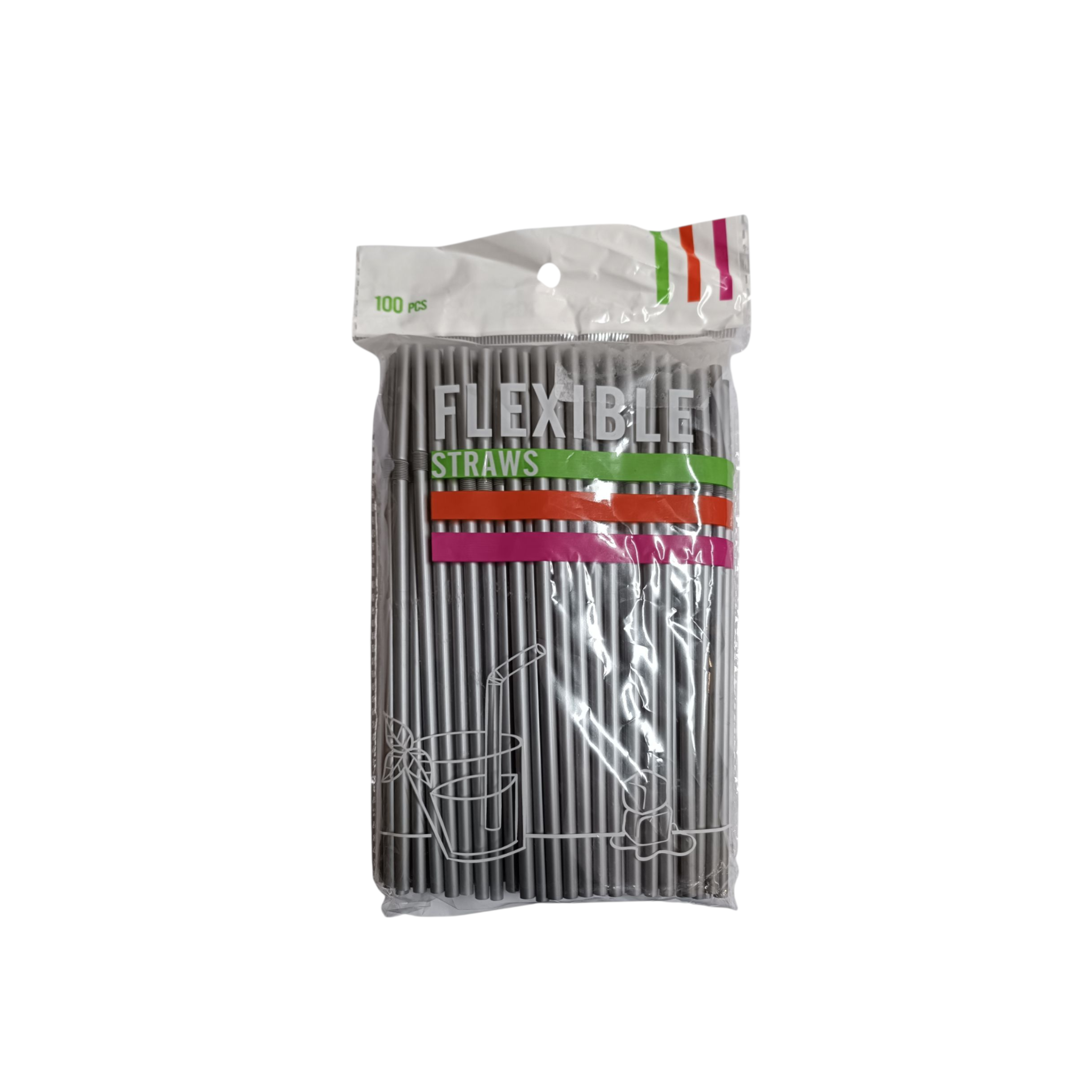 Flexible Plastic Straws Silver 21cm 100pack