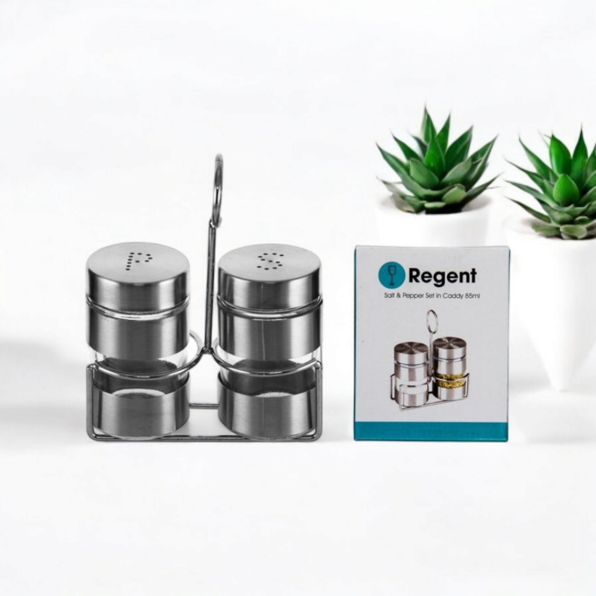 Regent Glass Salt & Pepper 85ml Set with Cover On Stand Stainless Steel 27131