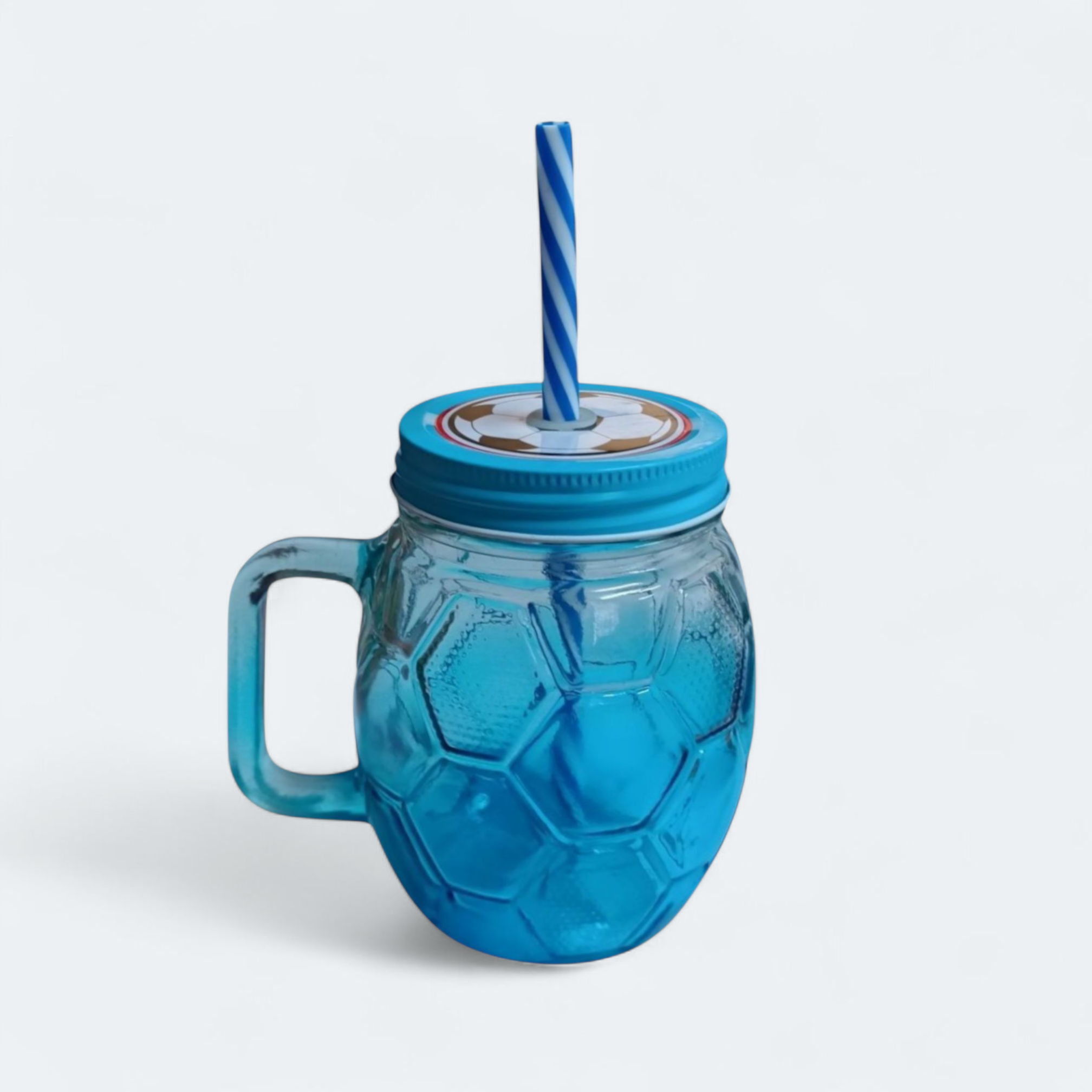 Glass Mason Jar with Lid & Straw - Soccer Ball Design