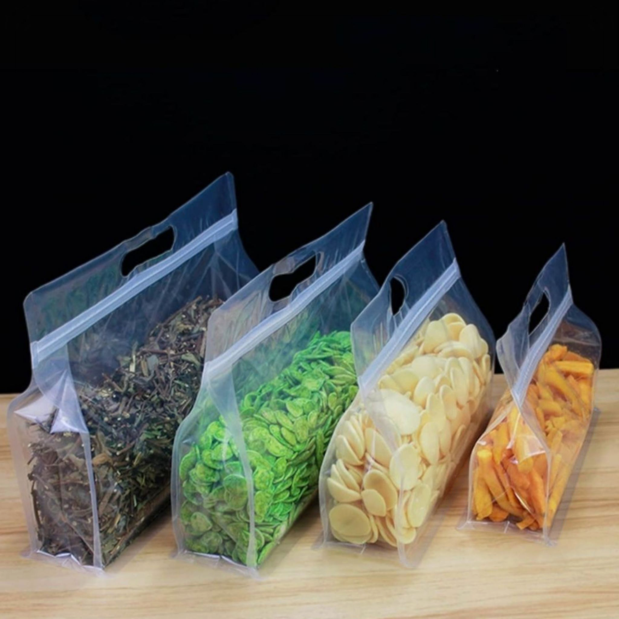 Food Grade Zip Lock Stand-Up Carry Pouch Plastic Bags - Octagon Landscape Transparent with Handle Flat Bottom Gusset 10pack Resealable