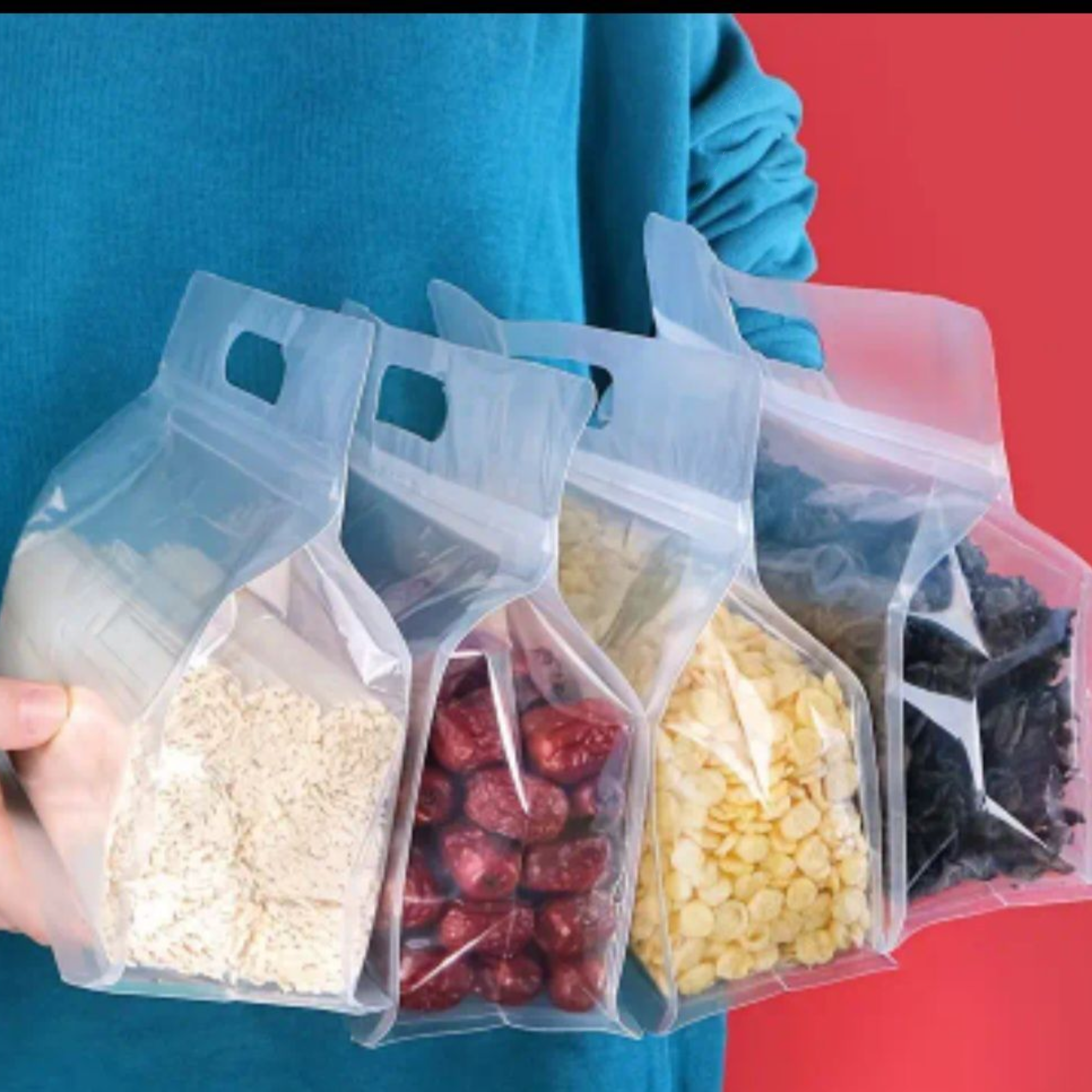 Food Grade Zip Lock Stand-Up Carry Pouch Plastic Bags - Octagon Landscape Transparent with Handle Flat Bottom Gusset 10pack Resealable