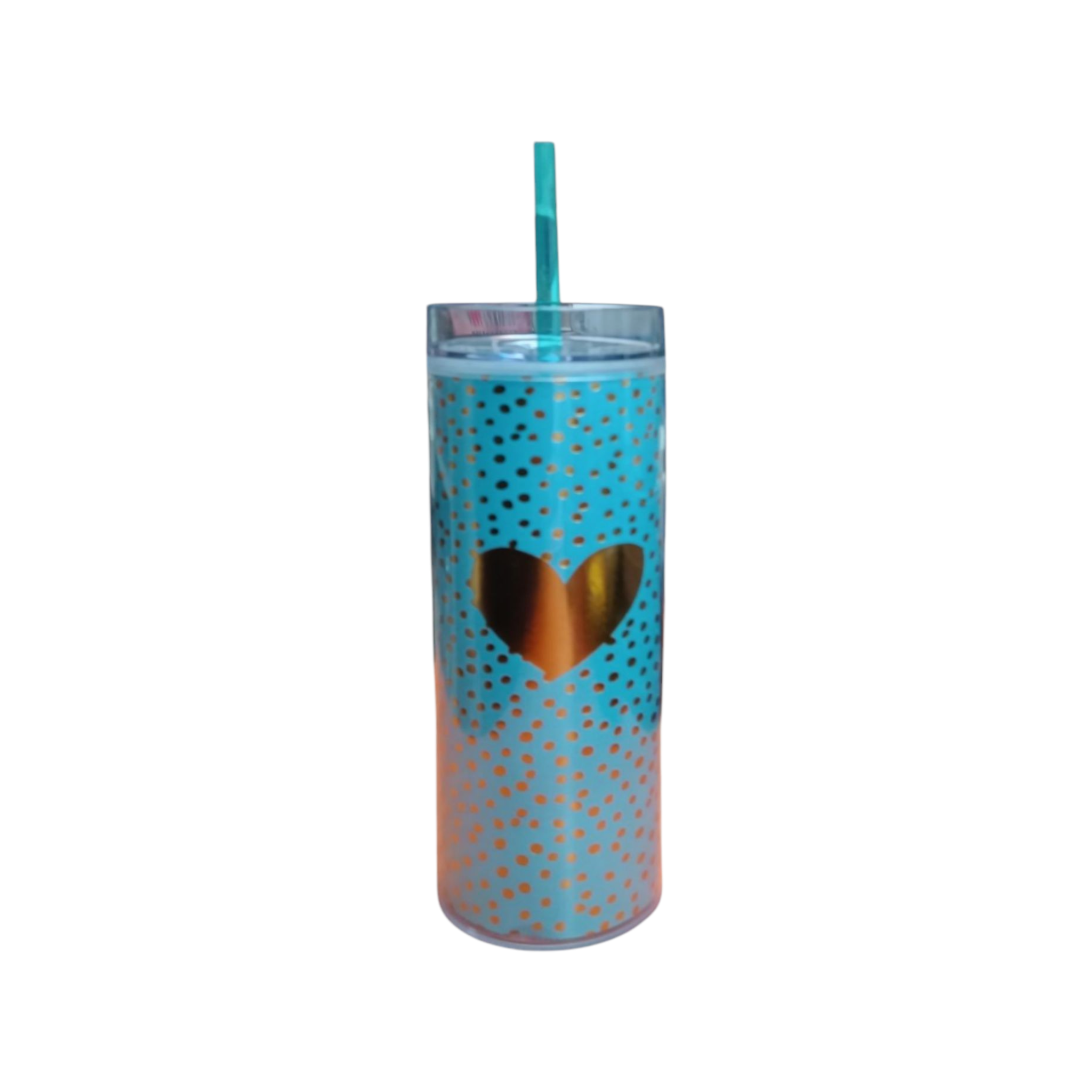 473ml Skinny Drinking Tumbler Acrylic Double-Wall Reusable with Lid & Straw 21x7cmn Heart Patterned