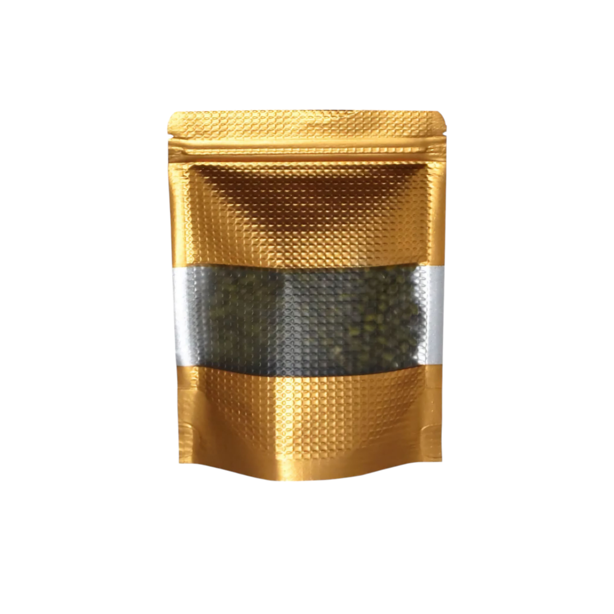 Aluminium Metalized Pouch Bags Zip Lock Resealable Foil Stand-Up with Window Gold Embossed 180mic 10pack