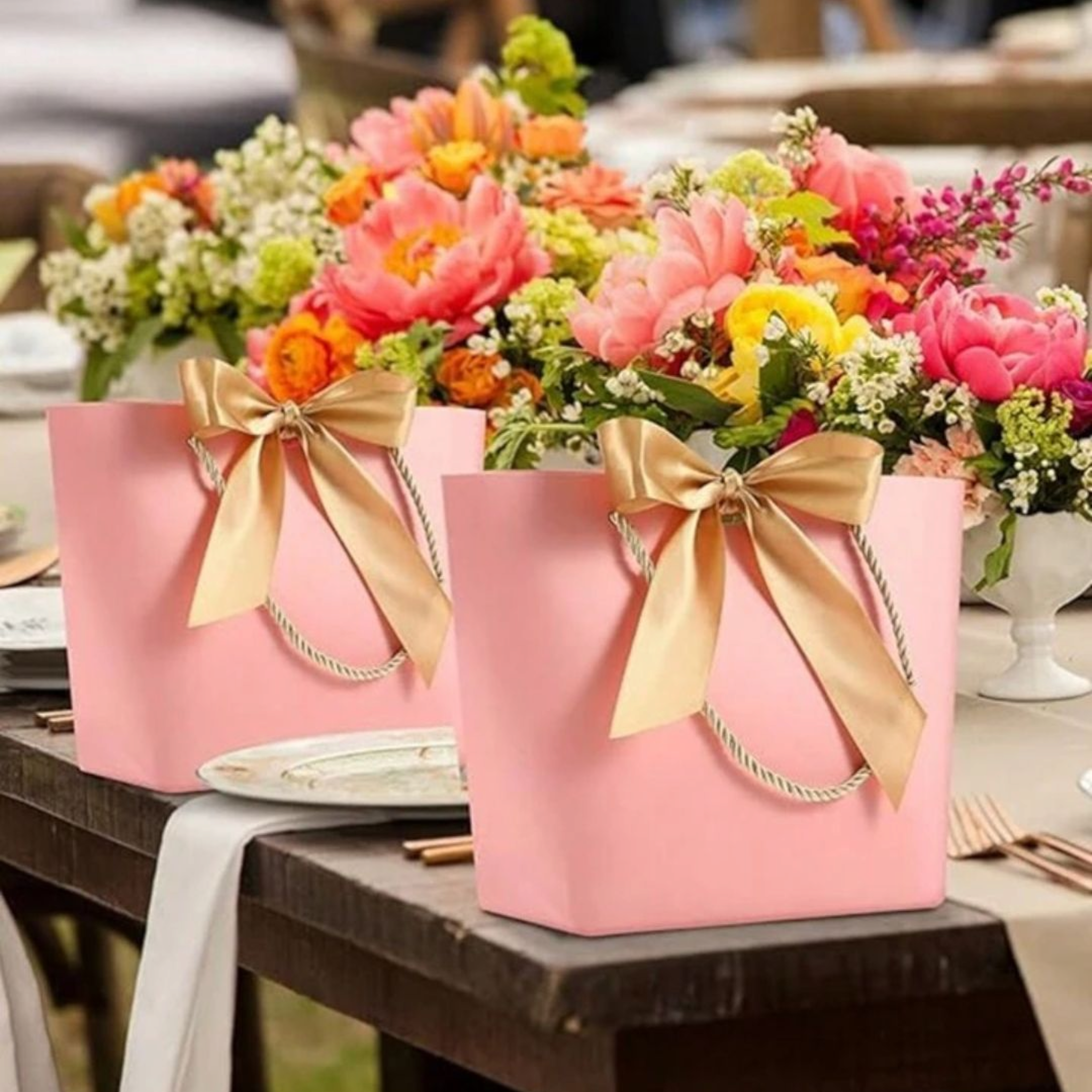 Designer Gift Paper Bag with Gold String Handle & Ribbon