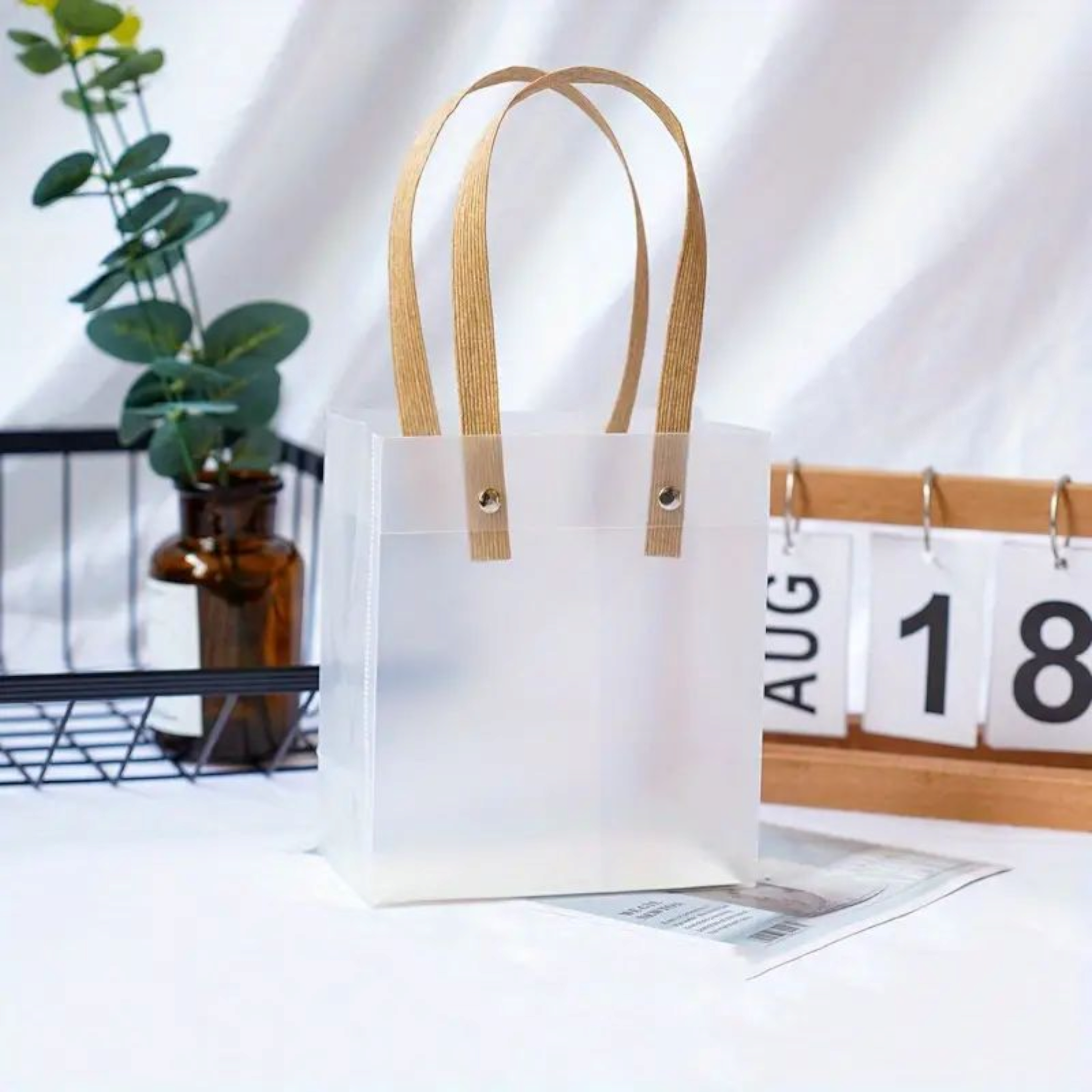 PVC Gift Bag Frosted Portrait - Plastic Reusable Bags with Brown Straw Handle