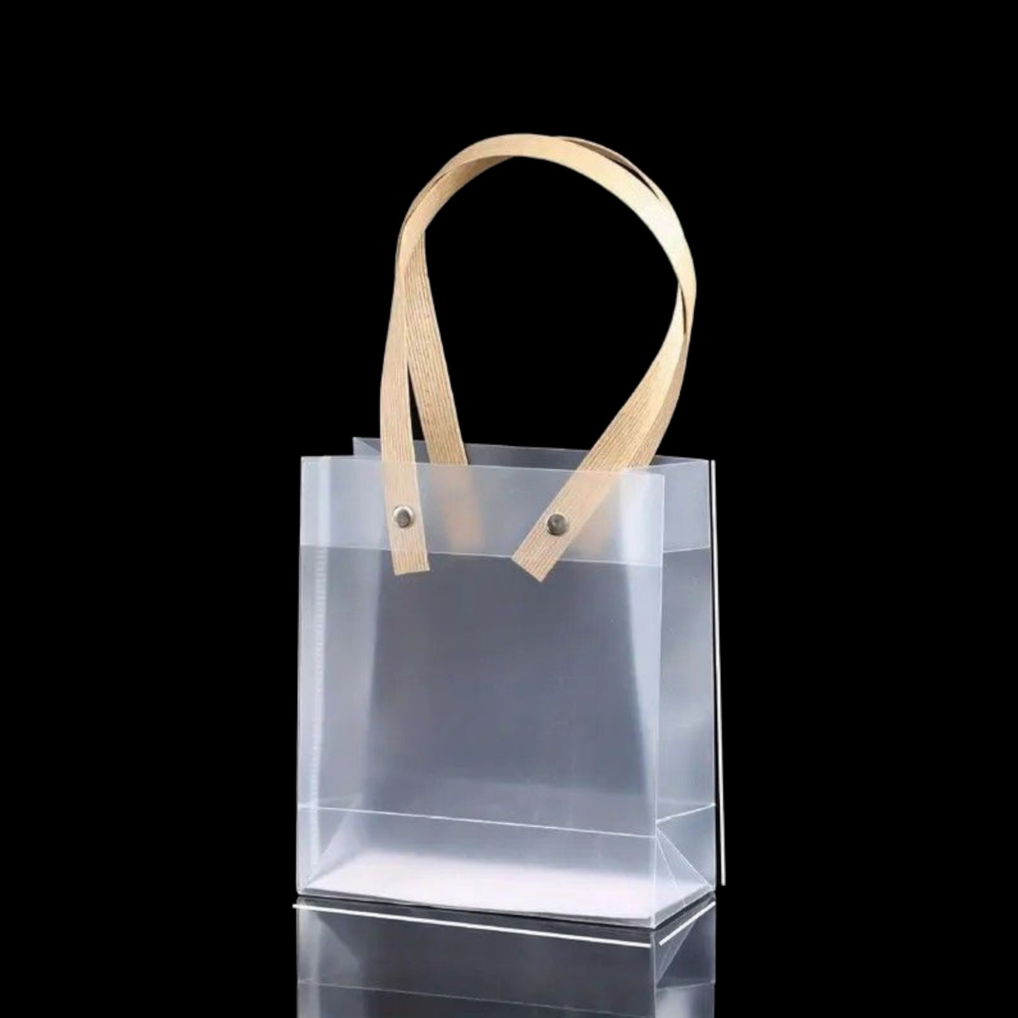 PVC Gift Bag Frosted Portrait - Plastic Reusable Bags with Brown Straw Handle