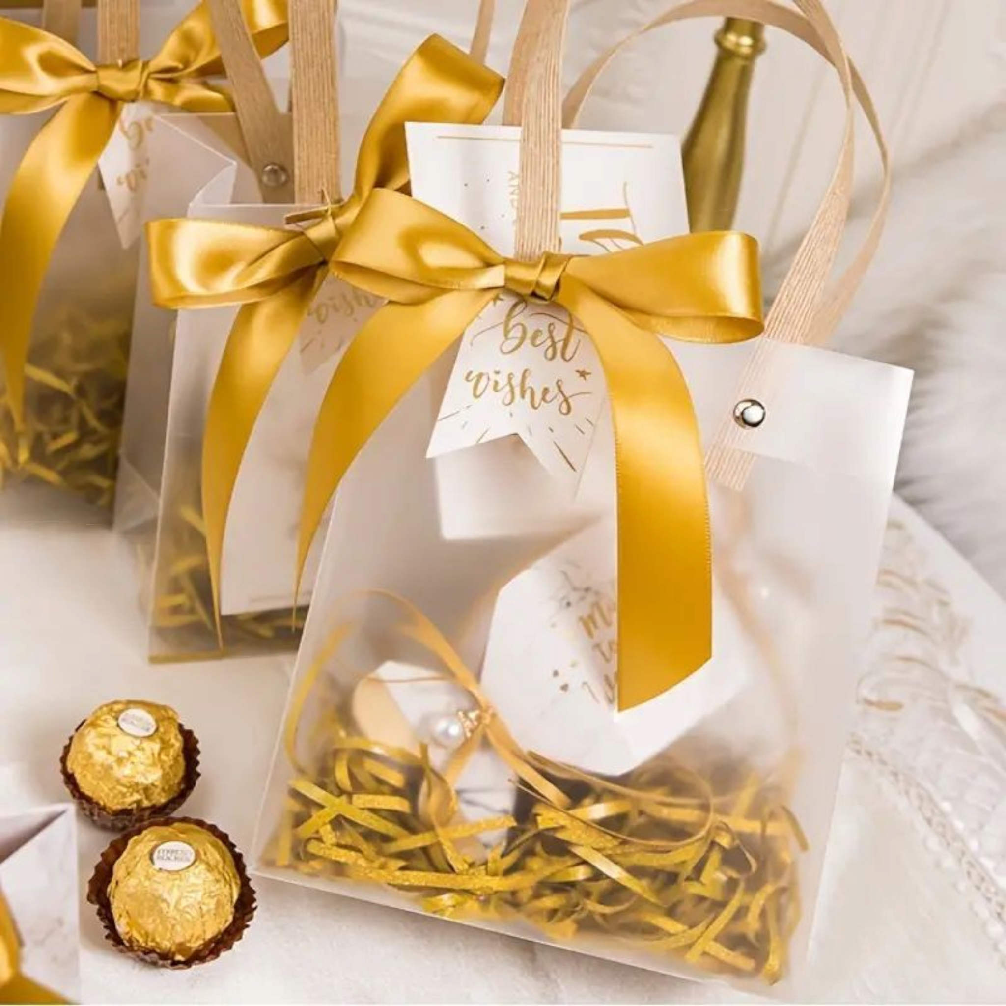 PVC Gift Bag Frosted Portrait - Plastic Reusable Bags with Brown Straw Handle