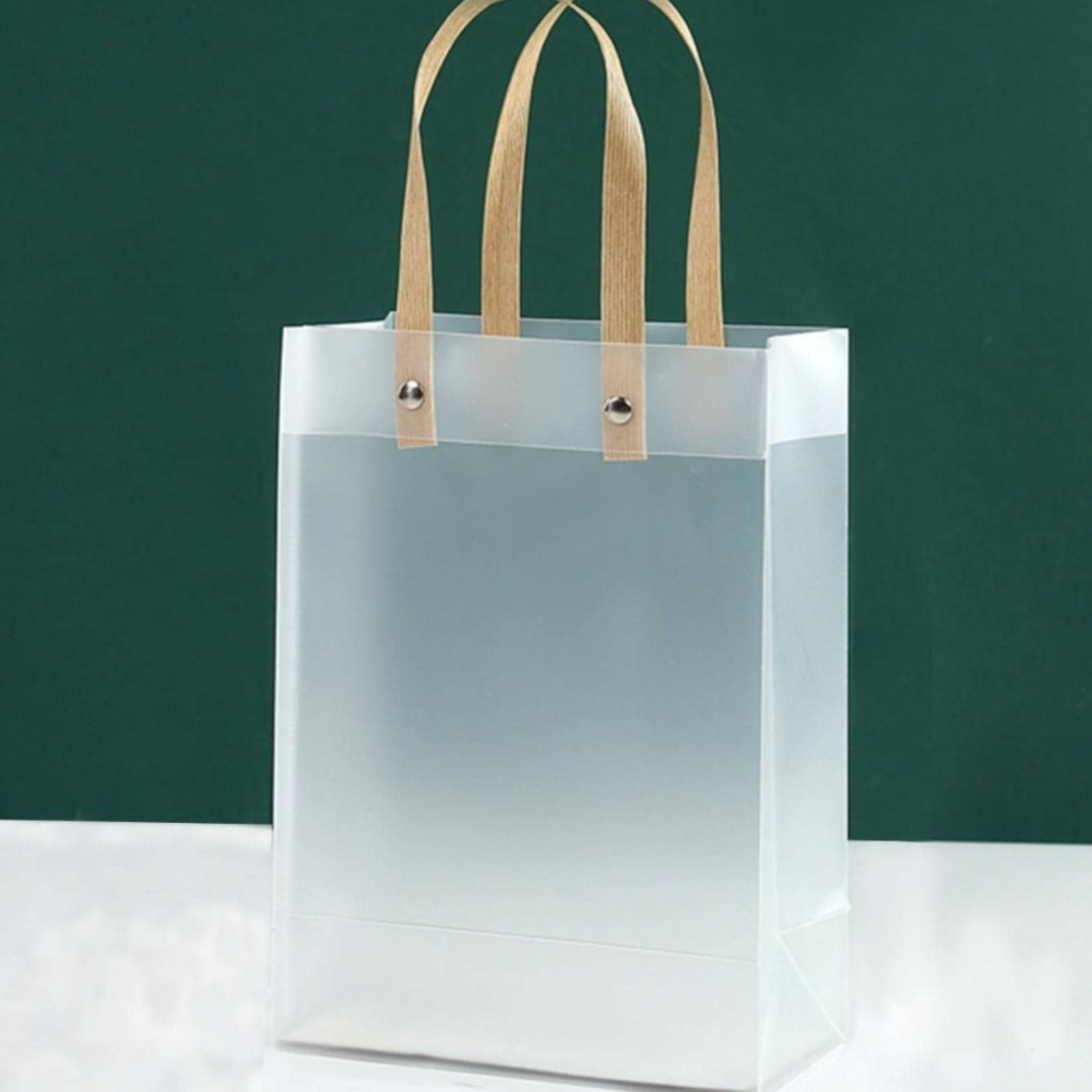 PVC Gift Bag Frosted Portrait - Plastic Reusable Bags with Brown Straw Handle