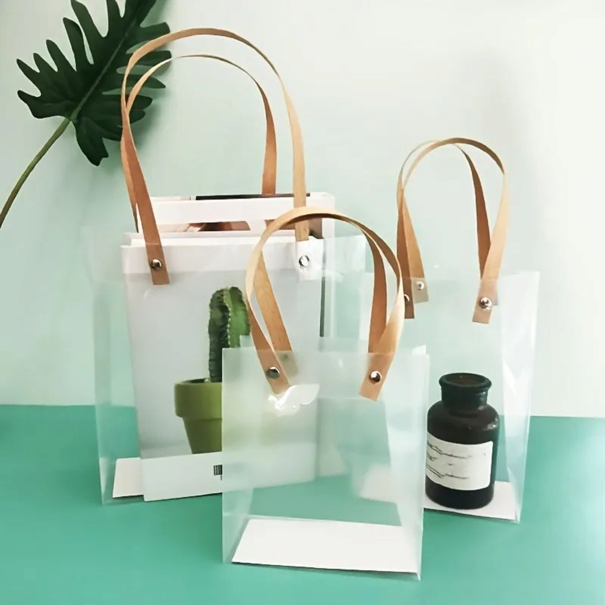 PVC Gift Bag Frosted Portrait - Plastic Reusable Bags with Brown Straw Handle