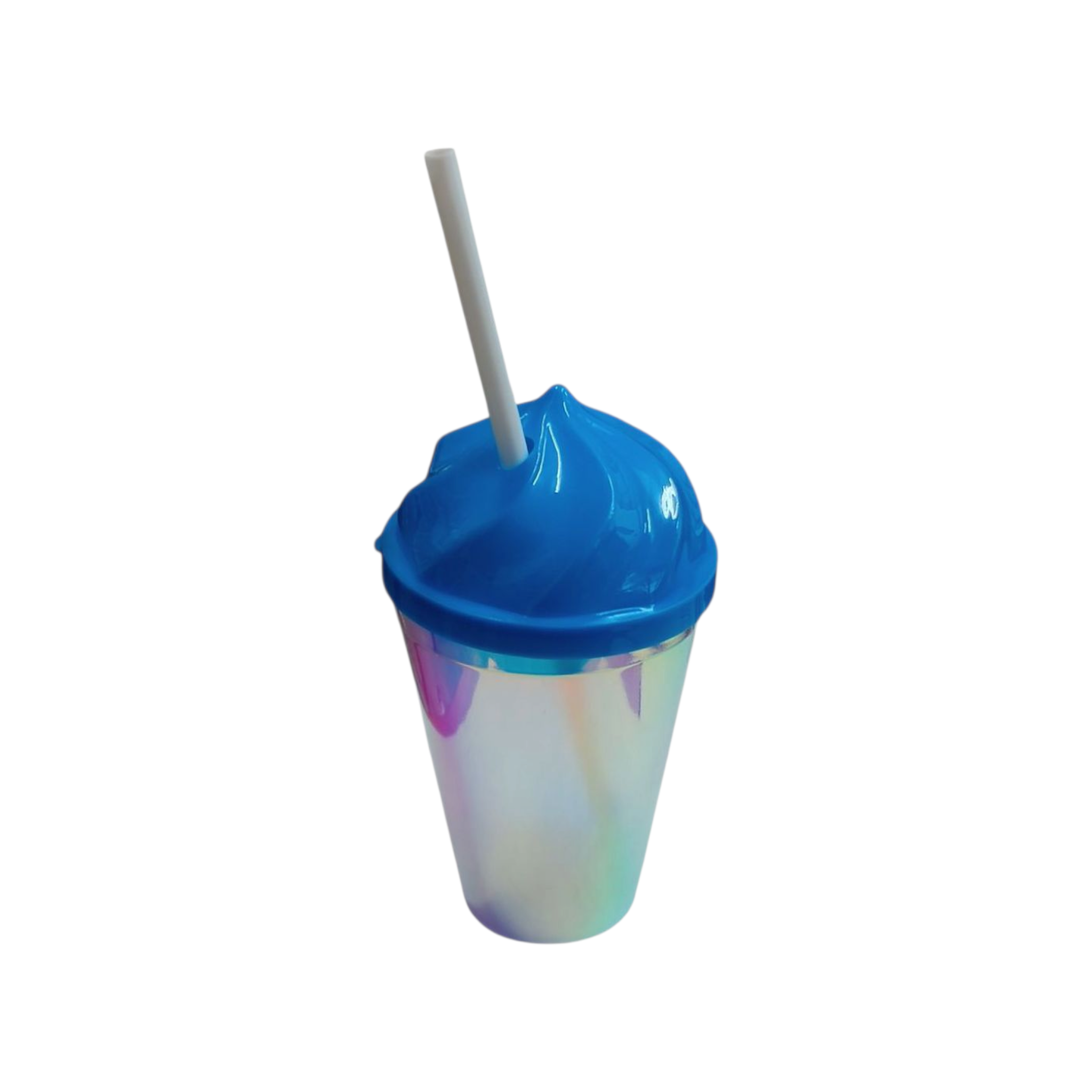 420ml Holographic Drinking Cup Tumbler 10x6cm with Ice cream Shaped Colour Lid & Straw
