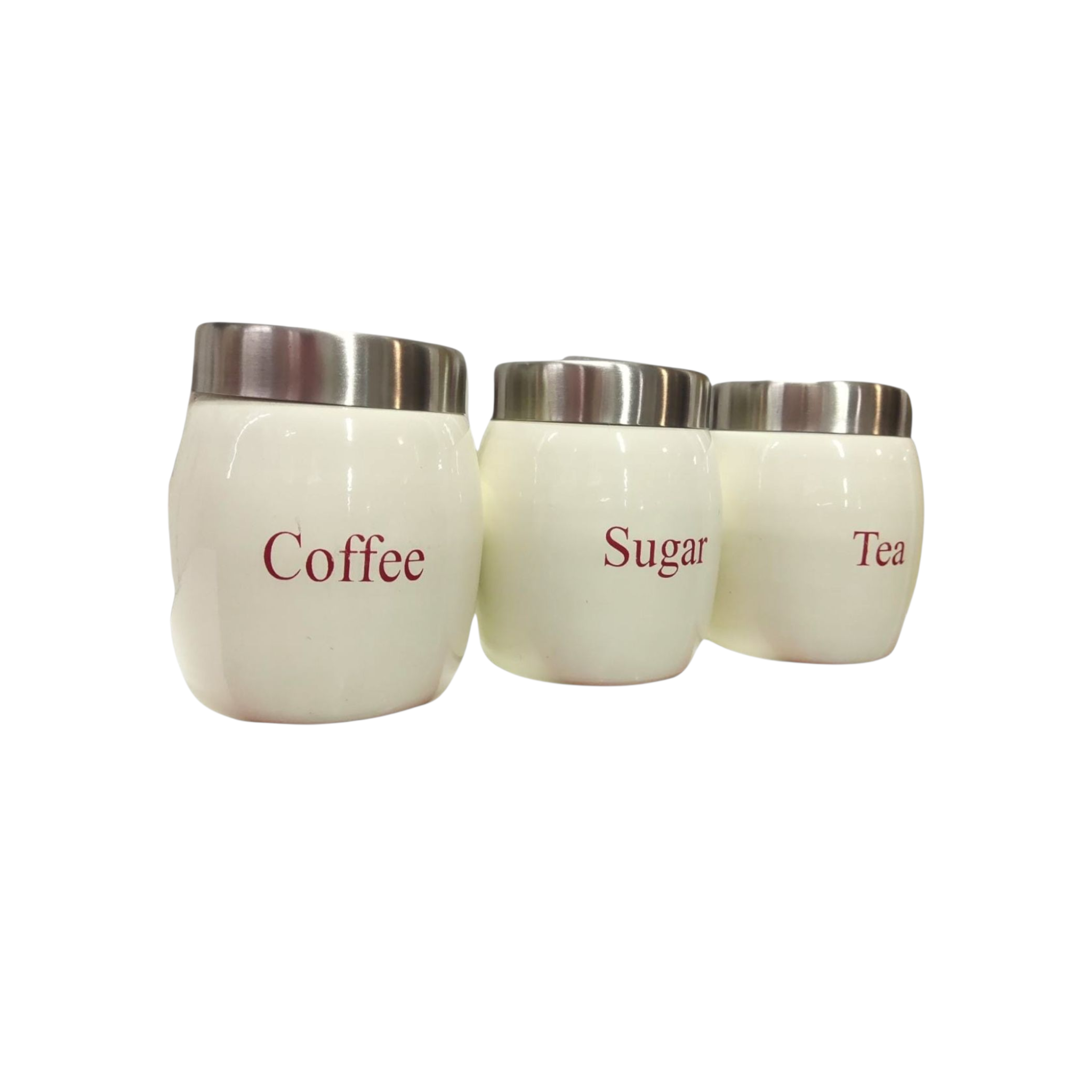 Vintage Tin Canister Set Tea-Coffee-Sugar Barrel Shaped Jar Cream with S/S Lid 3pc