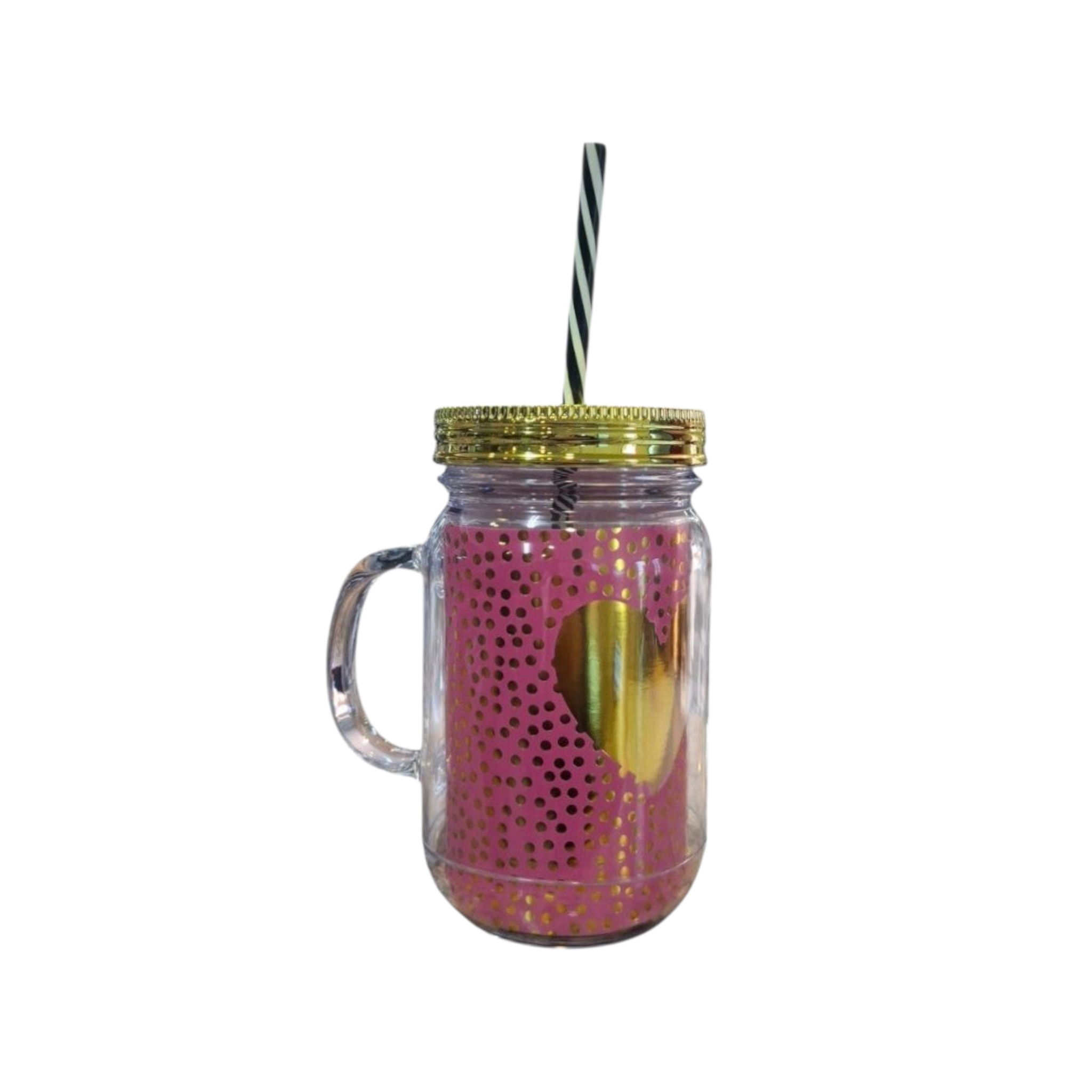 Acrylic Drinking Mason Jar Tumbler Mug with Straw 16.5x9cm Gold Heart Patterned