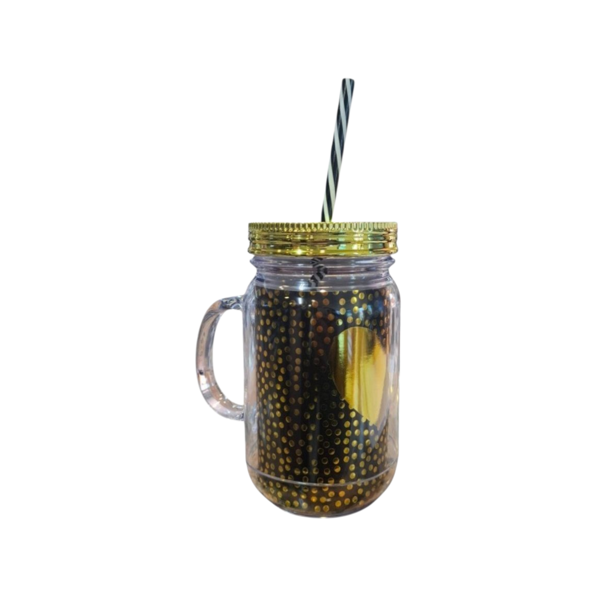 Acrylic Drinking Mason Jar Tumbler Mug with Straw 16.5x9cm Gold Heart Patterned