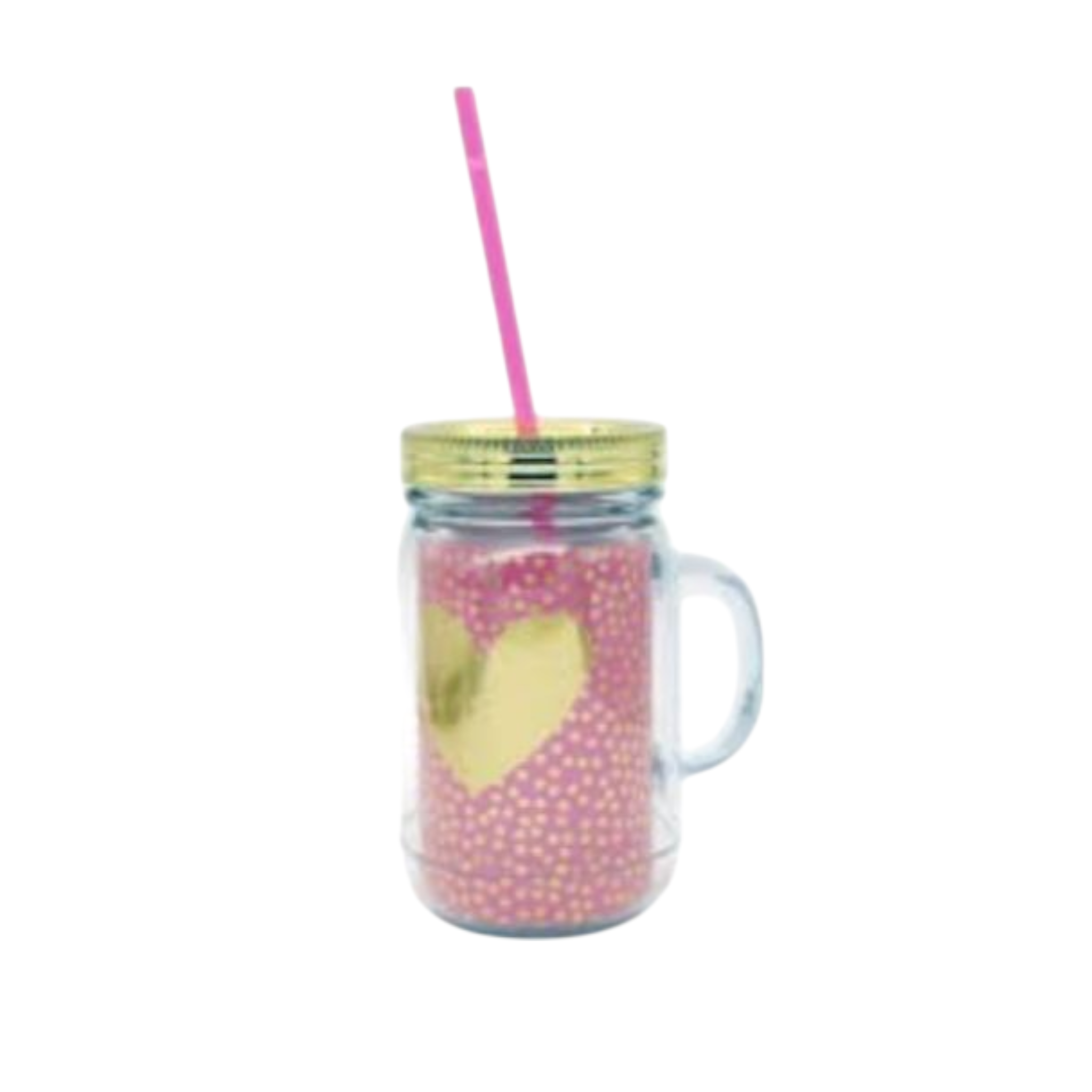 Acrylic Drinking Mason Jar Tumbler Mug with Straw 16.5x9cm Gold Heart Patterned