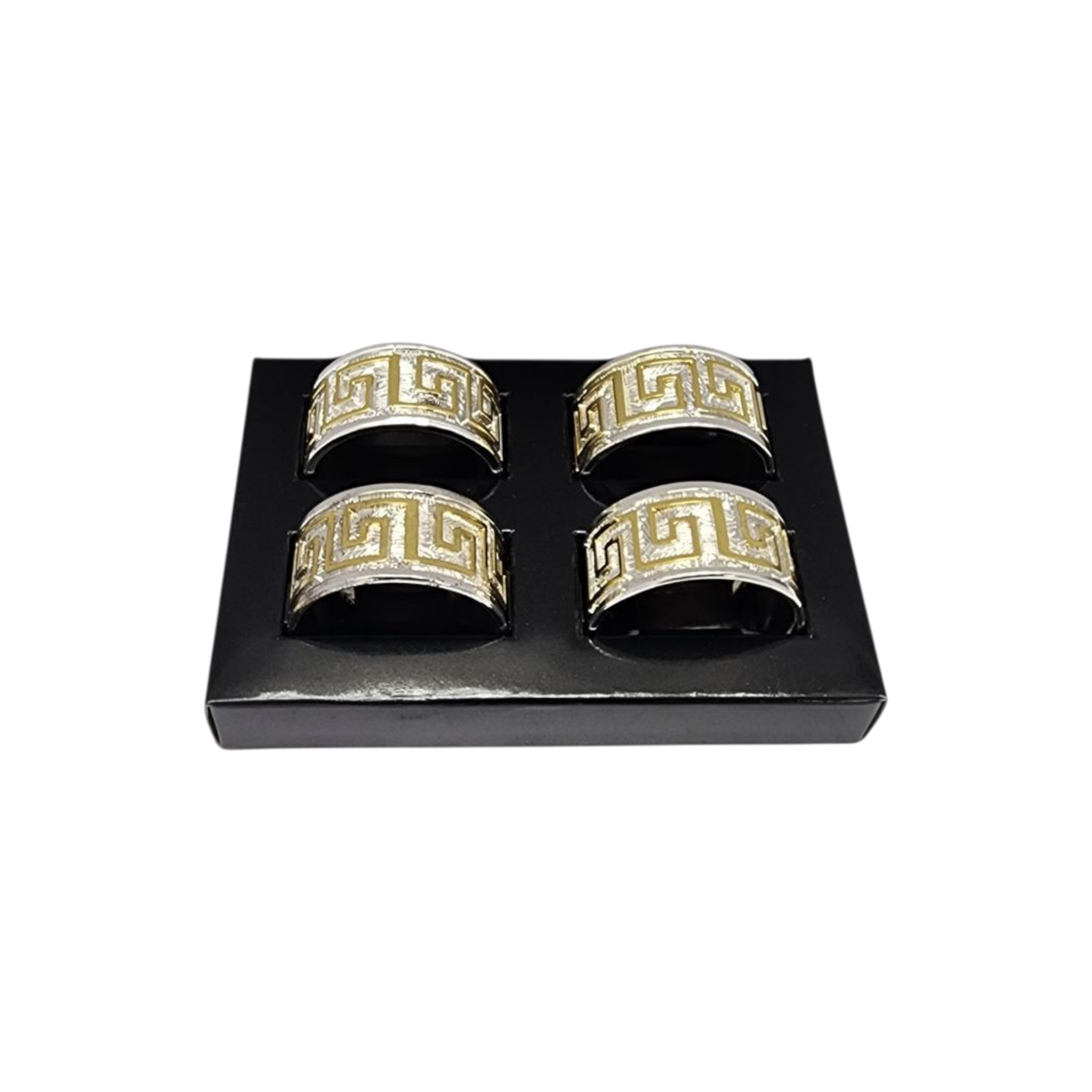 Diamond Napkin Ring Holders Silver with Gold Stainless Steel 4pc Set SGN798