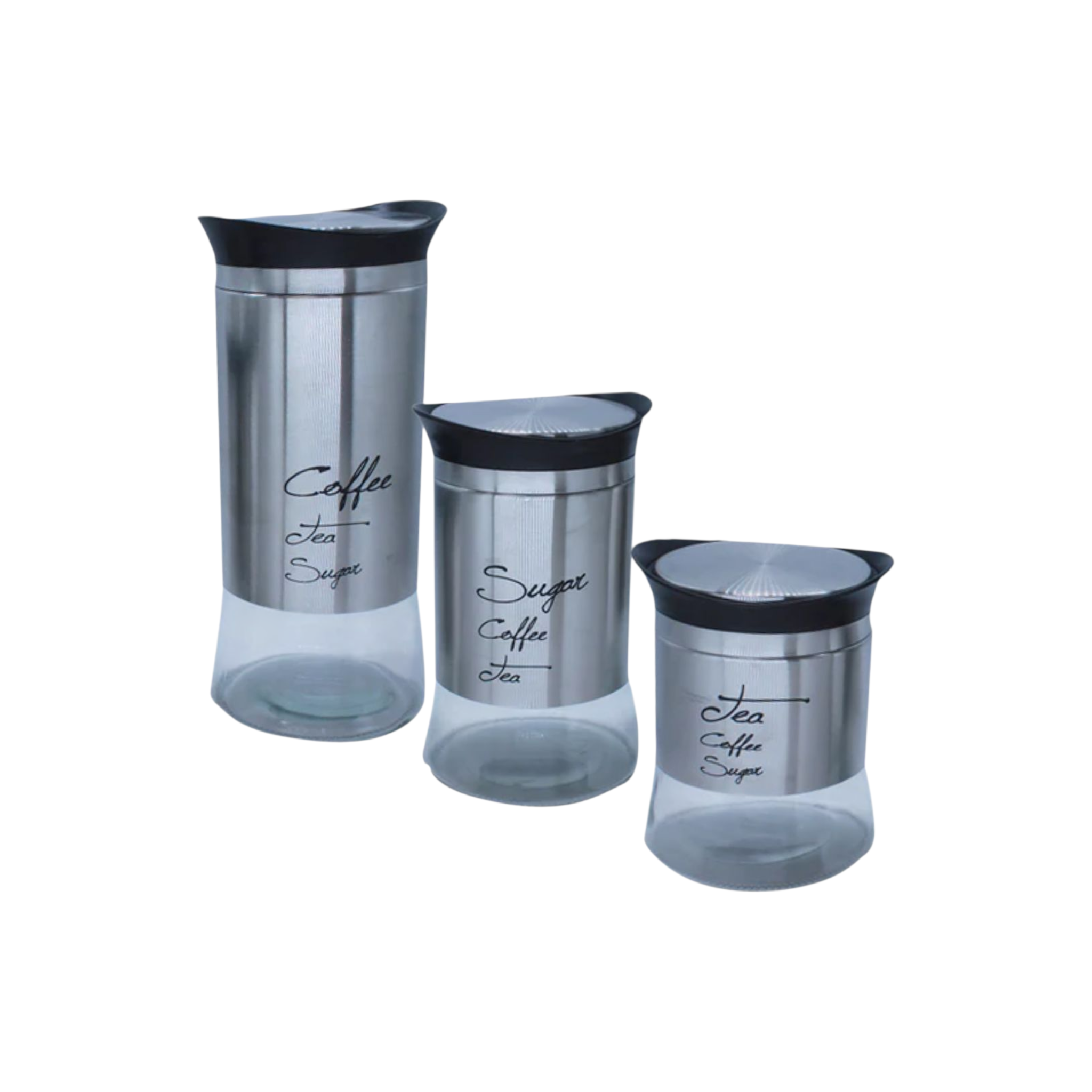 Glass Canister Set 3pc Tea/Coffee/Sugar Stainless Steel Outer SGN1777