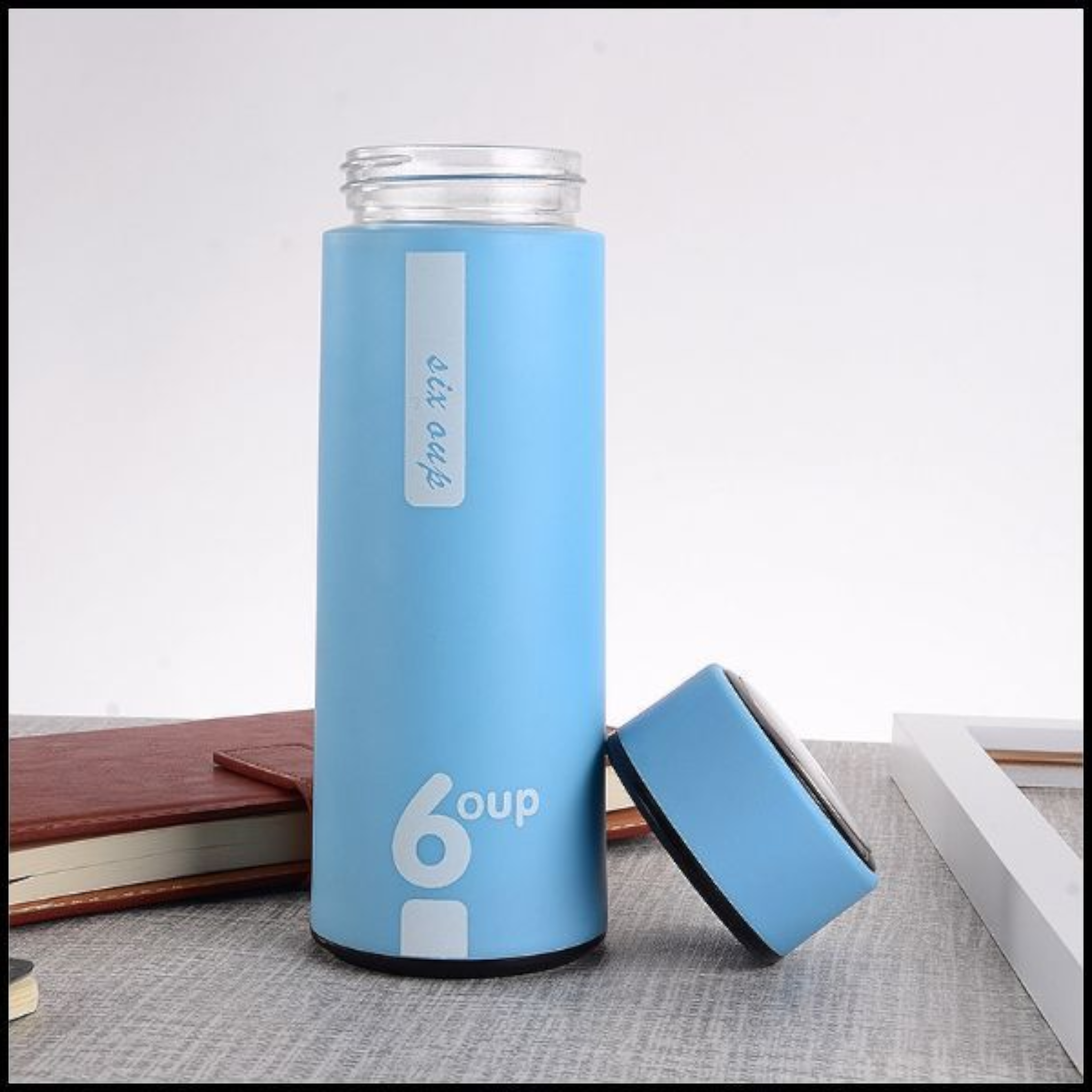 Creative 6Oup Double Insulated Glass Drinking Bottle 400ml Heat-Resistant Handy Portable Coffee Cup with Plastic Outer Shell