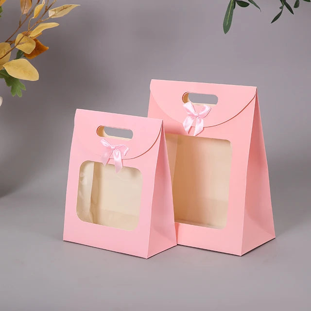 Gift Bag Die Cut Handle 24x19x9cm with Bow Ribbon and Clear PVC Front Window 1pc