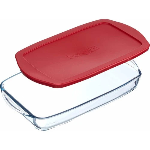 Borcam Glass Serving Dish Large Oven Dish Tray Rectangle with Red Lid 36x19x5cm 59006