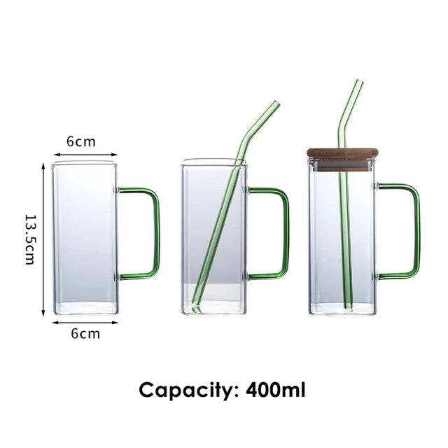 Glass Drinking Mug 350ml Square with Bamboo Lid and Borosilicate Straw