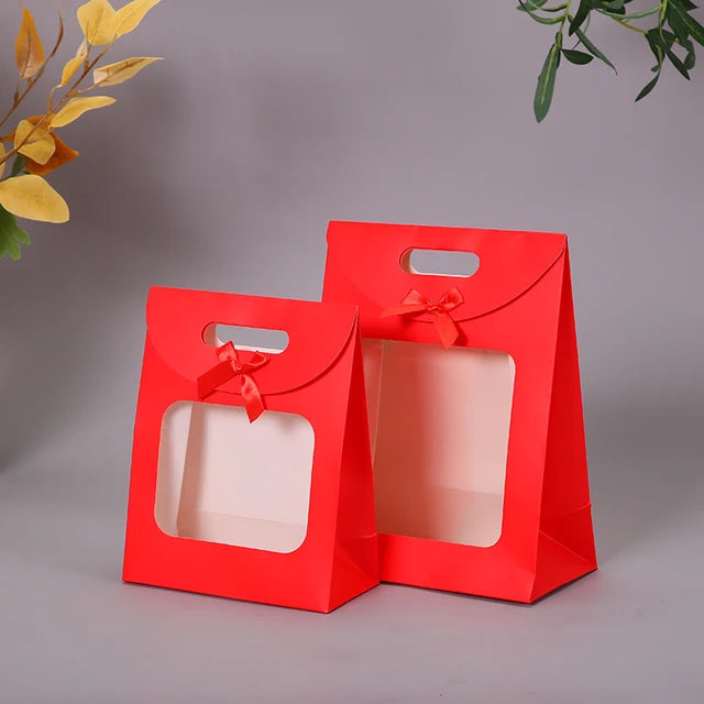 Gift Bag Die Cut Handle 29x22x12cm with Bow Ribbon and Clear PVC Front Window 1pc