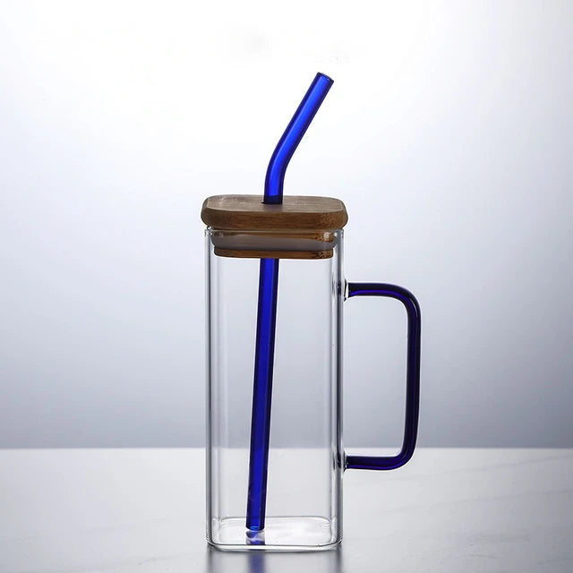 Glass Drinking Mug 350ml Square with Bamboo Lid and Borosilicate Straw