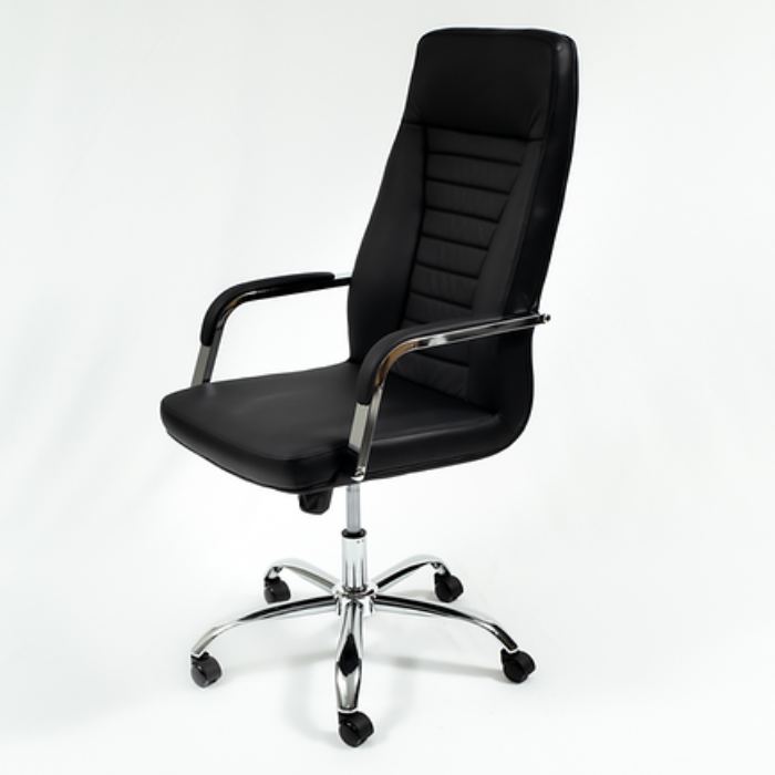 Highback Swivel & Tilt Chrome Base Black Office Chair Genuine Leather