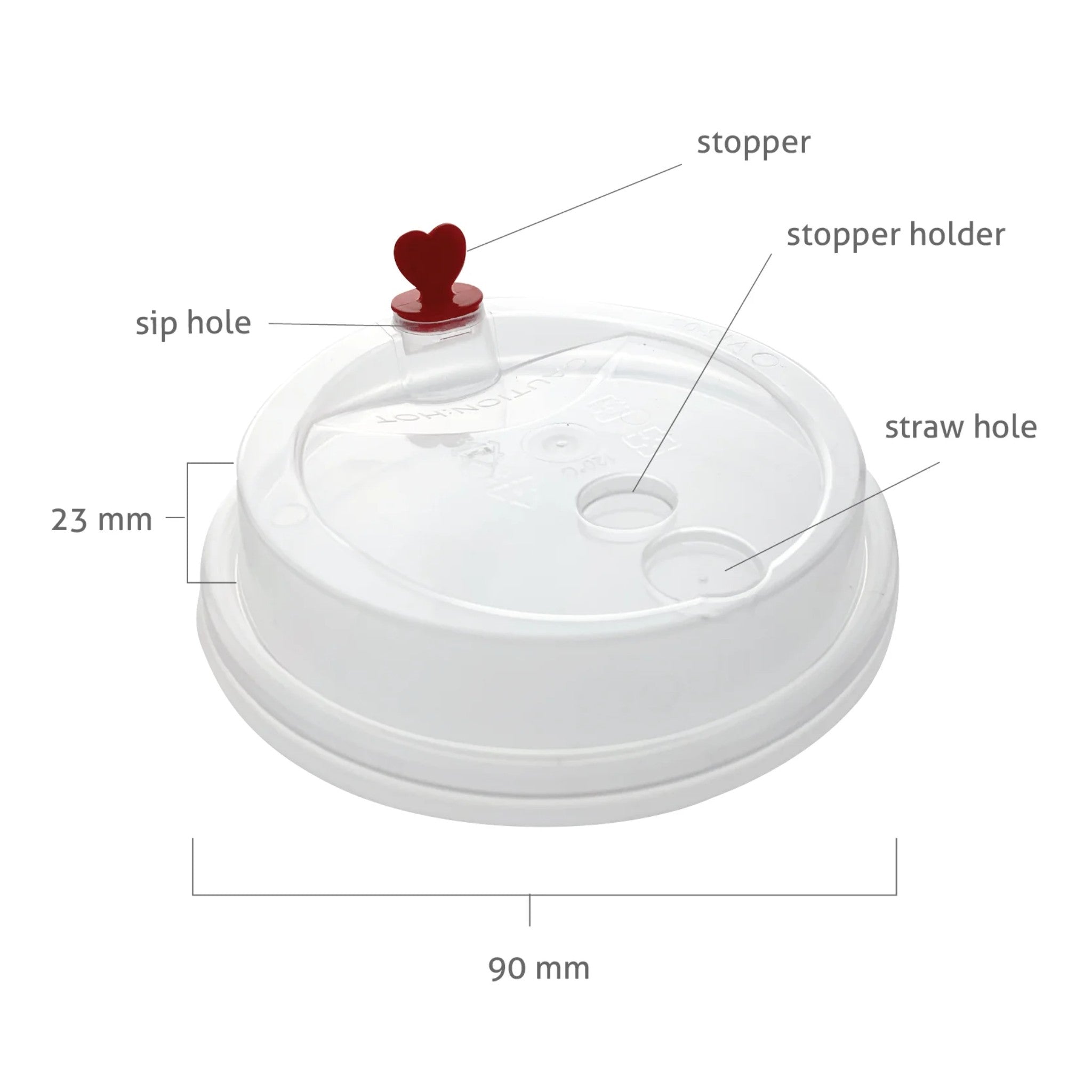 Coffee Cup Lids 90mm Disposable with Red Heart Stoppers 50pack