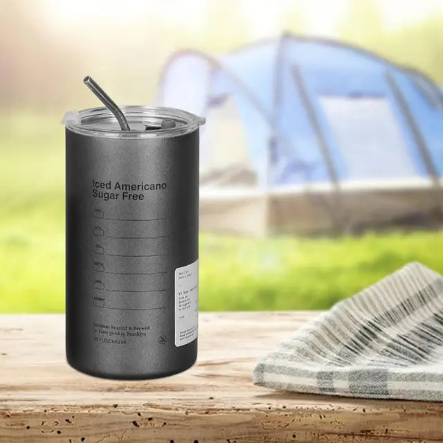 600ml Americano Double-layer Iced Coffee Cup Thermoses Stainless Steel With Straw Vacuum Flask Cup 8.5x16cm