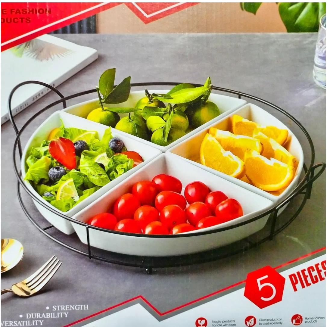 Ceramic Round Serving Condiment Plate 14.5inch 4-Sections Individual