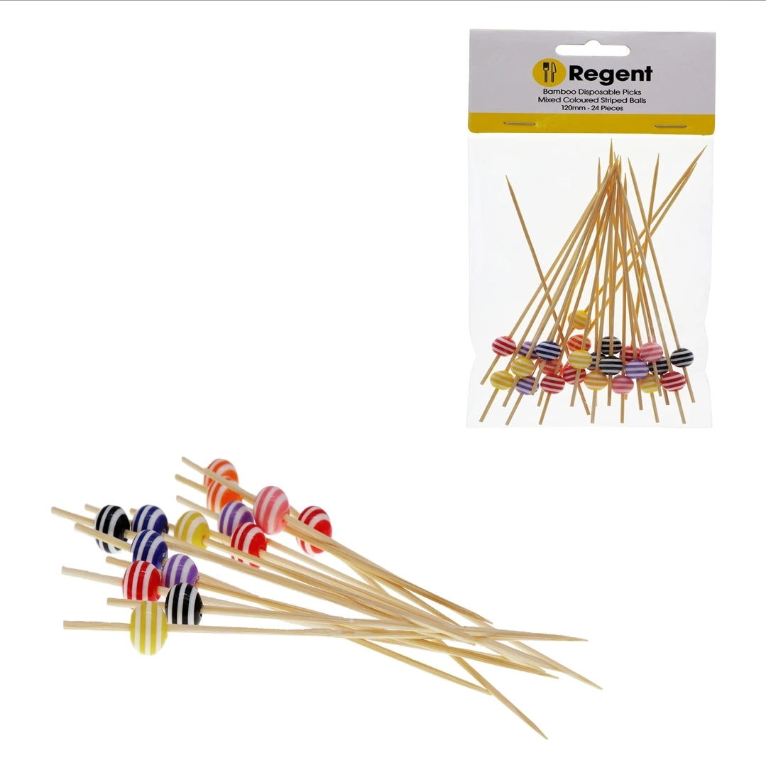 Regent Disposable Bamboo Food Picks 120mm with Mixed Colour Striped Beads 24pack