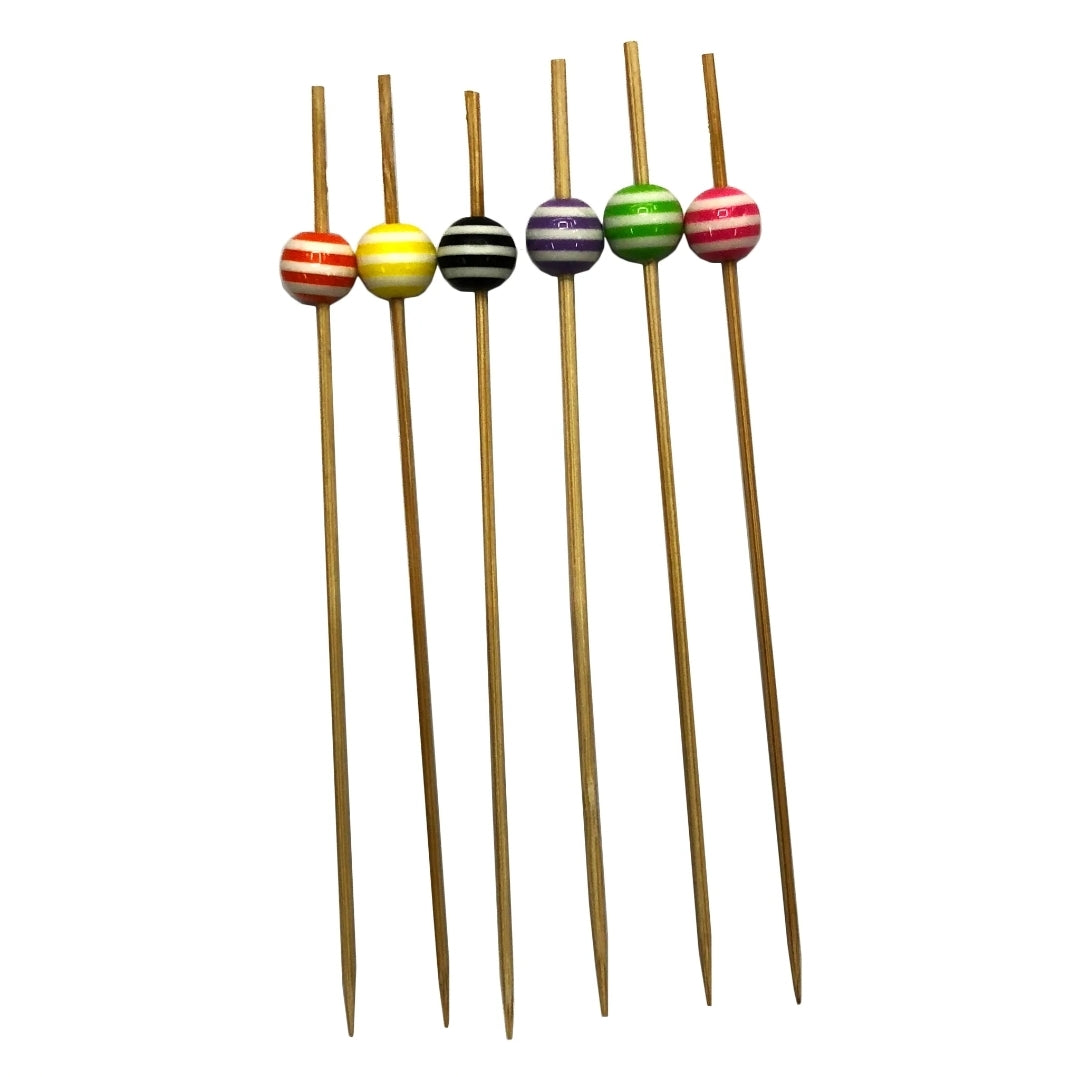 Regent Disposable Bamboo Food Picks 120mm with Mixed Colour Striped Beads 24pack