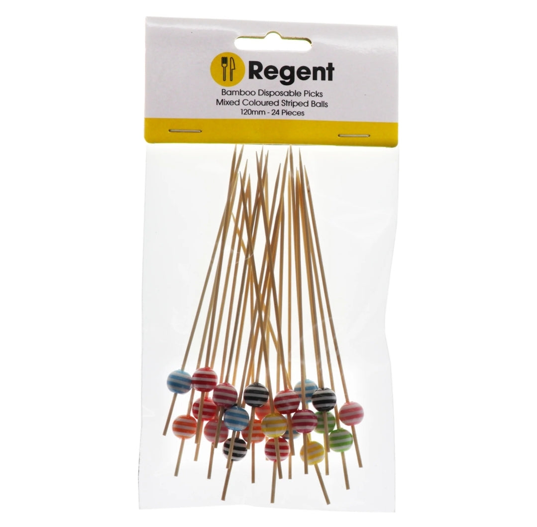 Regent Disposable Bamboo Food Picks 120mm with Mixed Colour Striped Beads 24pack