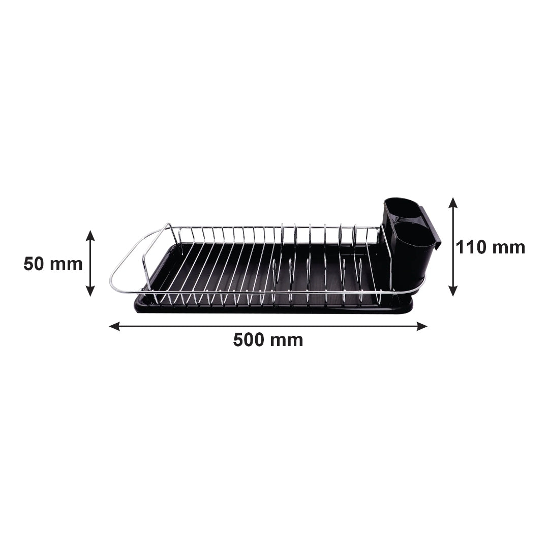 Regent Compact Chrome Dish Rack with Black Plastic Cutlery Holder Tray 475x175x135mm