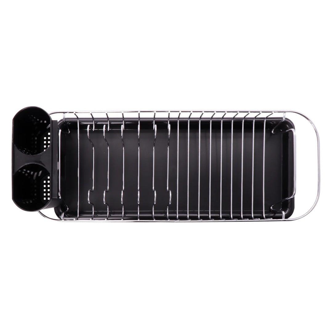 Regent Compact Chrome Dish Rack with Black Plastic Cutlery Holder Tray 475x175x135mm