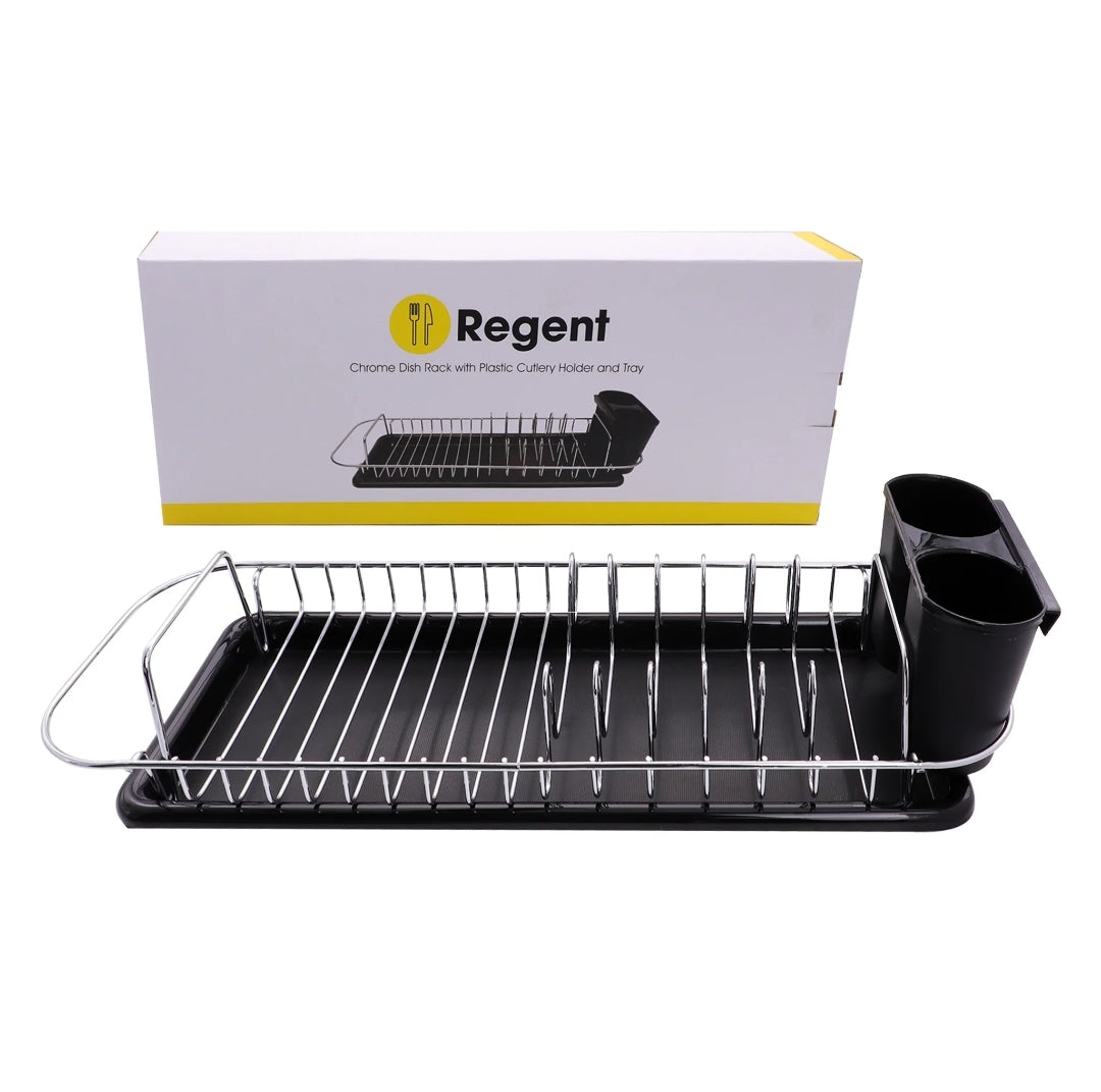 Regent Compact Chrome Dish Rack with Black Plastic Cutlery Holder Tray 475x175x135mm