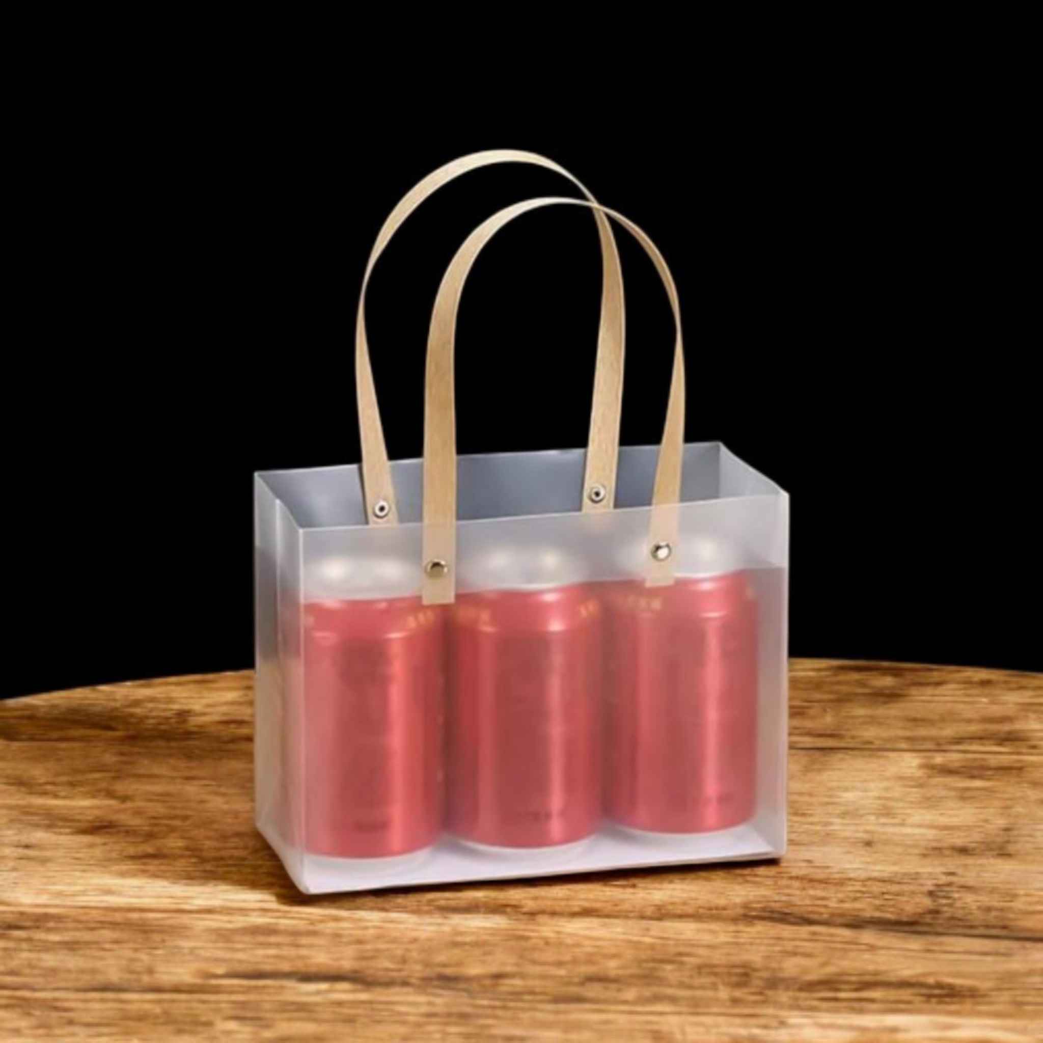 PVC Gift Bag Frosted Landscape - Plastic Reusable Bags with Brown Straw Handle