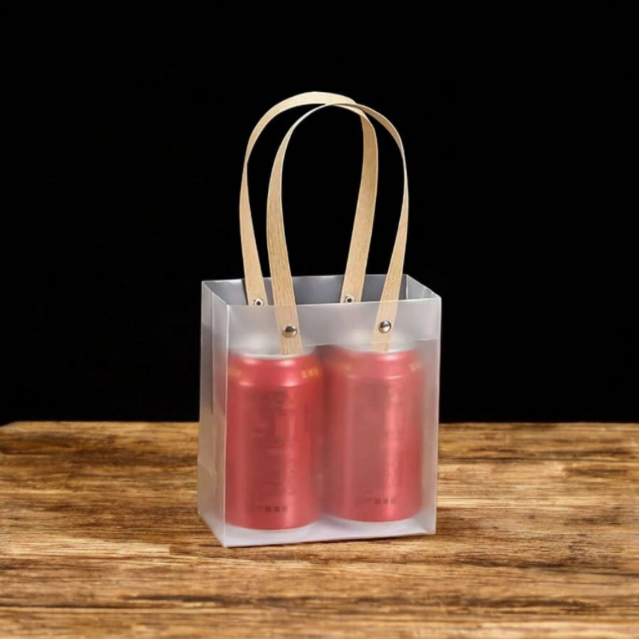 PVC Gift Bag Frosted Portrait - Plastic Reusable Bags with Brown Straw Handle