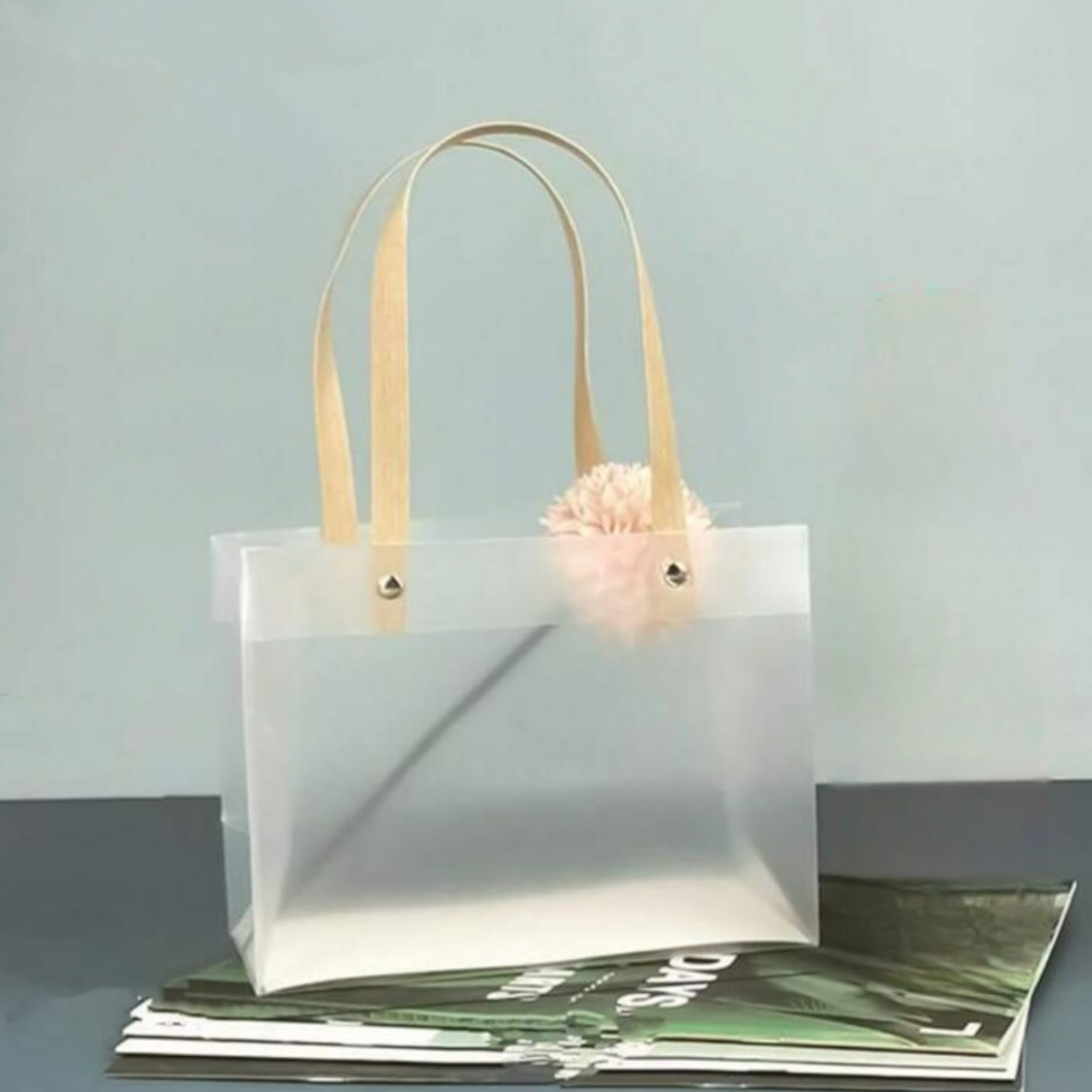 PVC Gift Bag Frosted Landscape - Plastic Reusable Bags with Brown Straw Handle