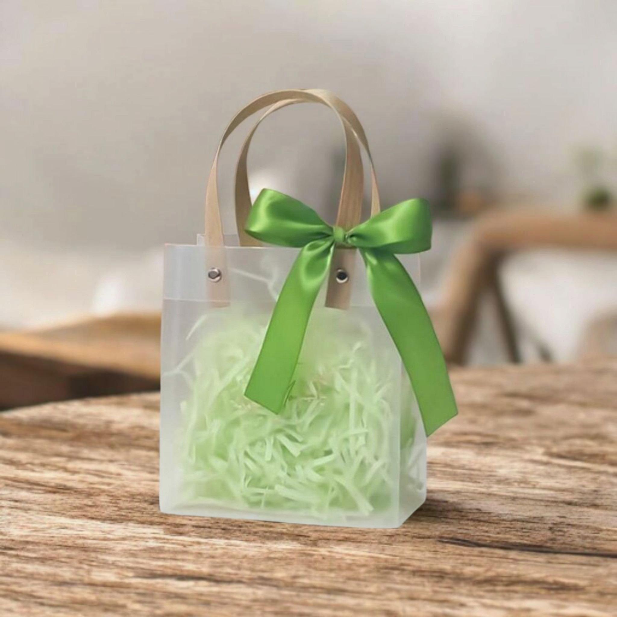 PVC Gift Bag Frosted Landscape - Plastic Reusable Bags with Brown Straw Handle